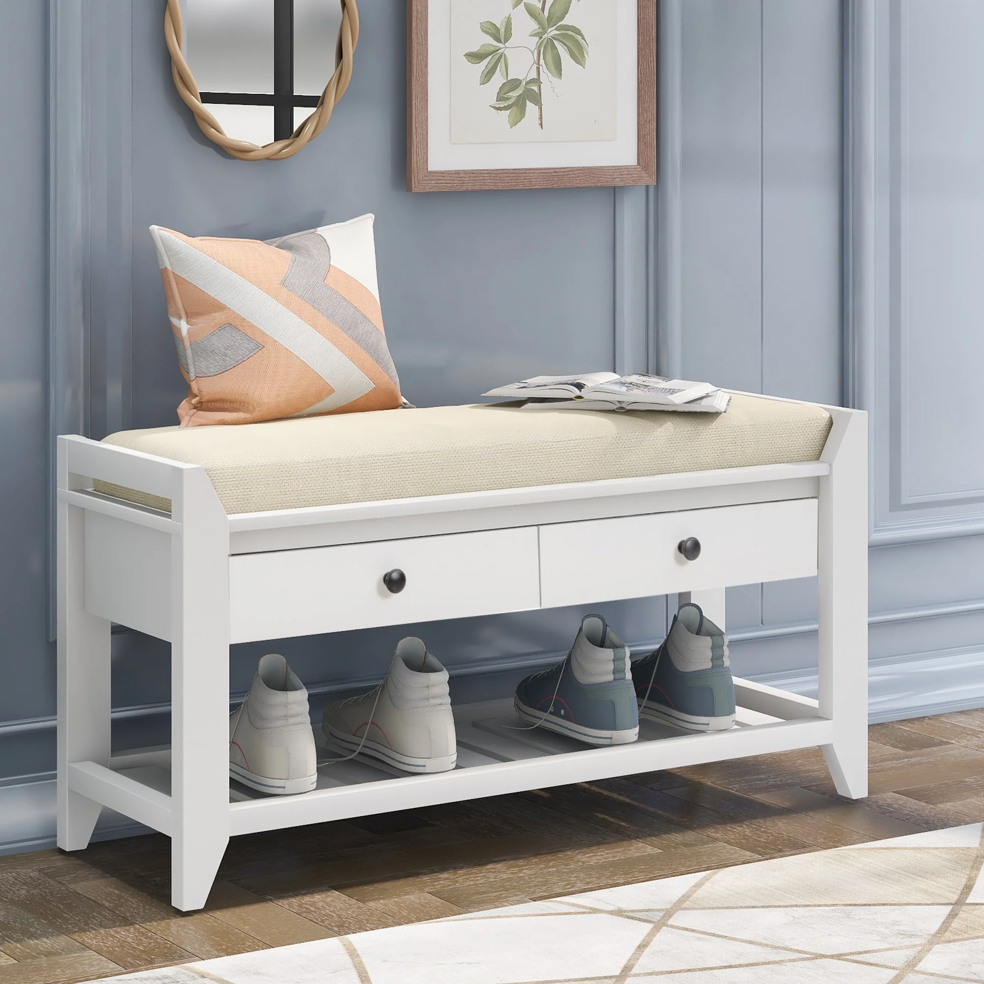 TREXM Shoe Rack with Cushioned Seat and Drawers