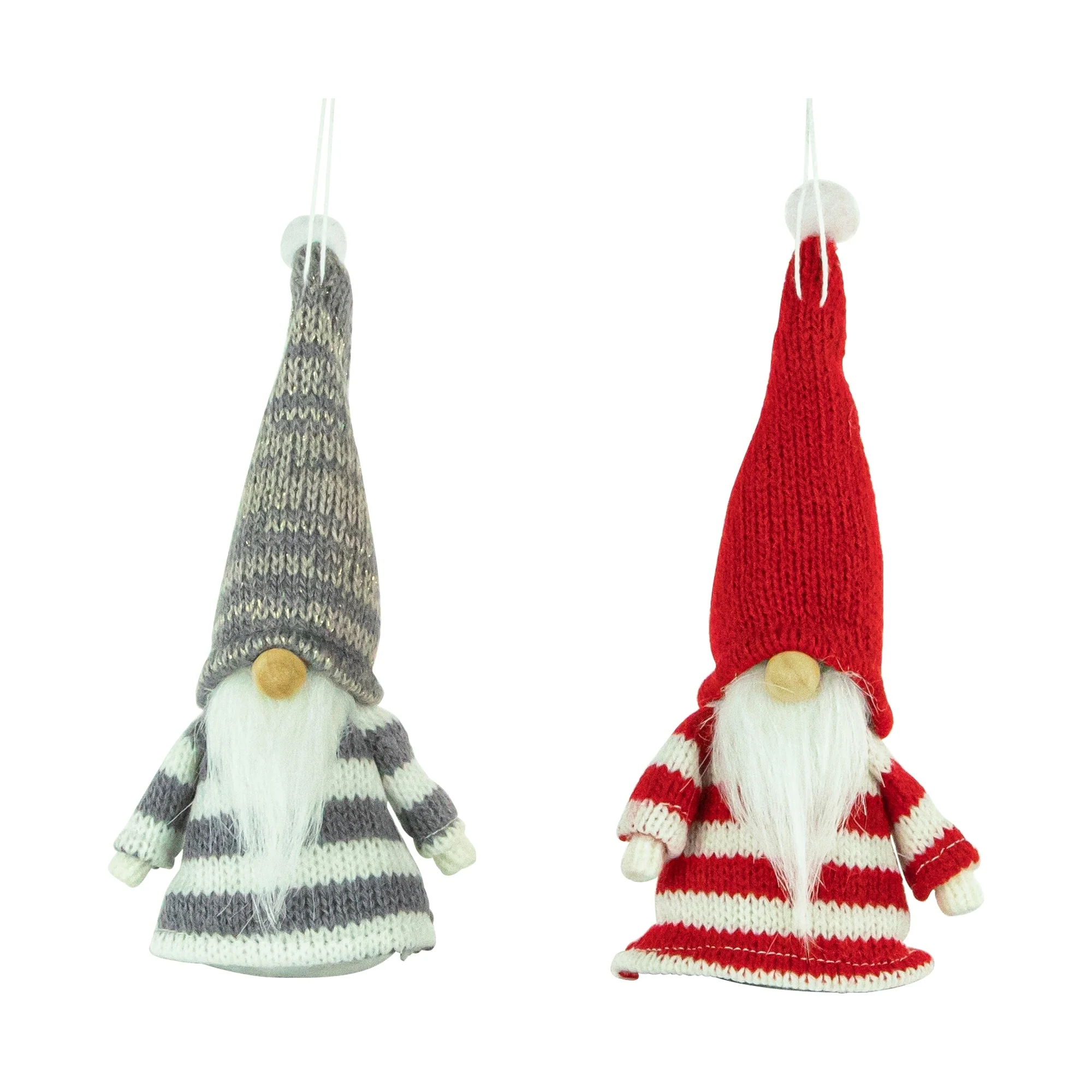 Set of 2 Red and Gray Striped Gnome Plush Christmas Ornaments 6.25