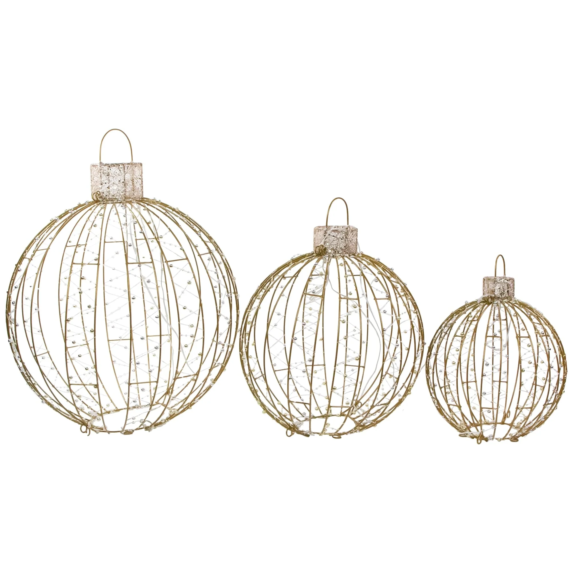 LED Lighted Hanging Ornaments Outdoor Christmas Decoration - Set of 3 - Gold