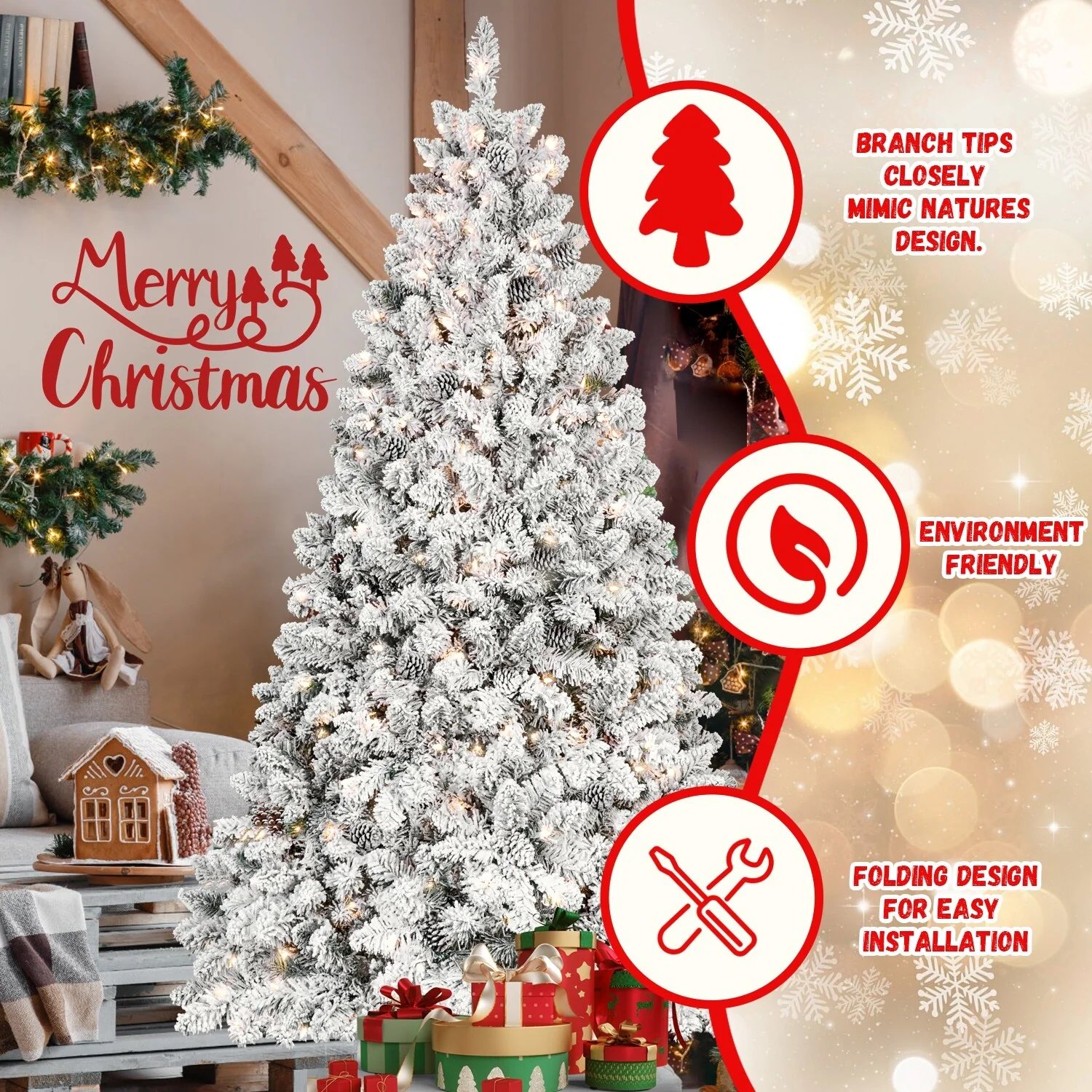4FT Flocked Christmas Tree with 150 UL Lights and 21 Natural Pine Cones-Snowy PVC Tips, 366 Tips, Hinged Structure