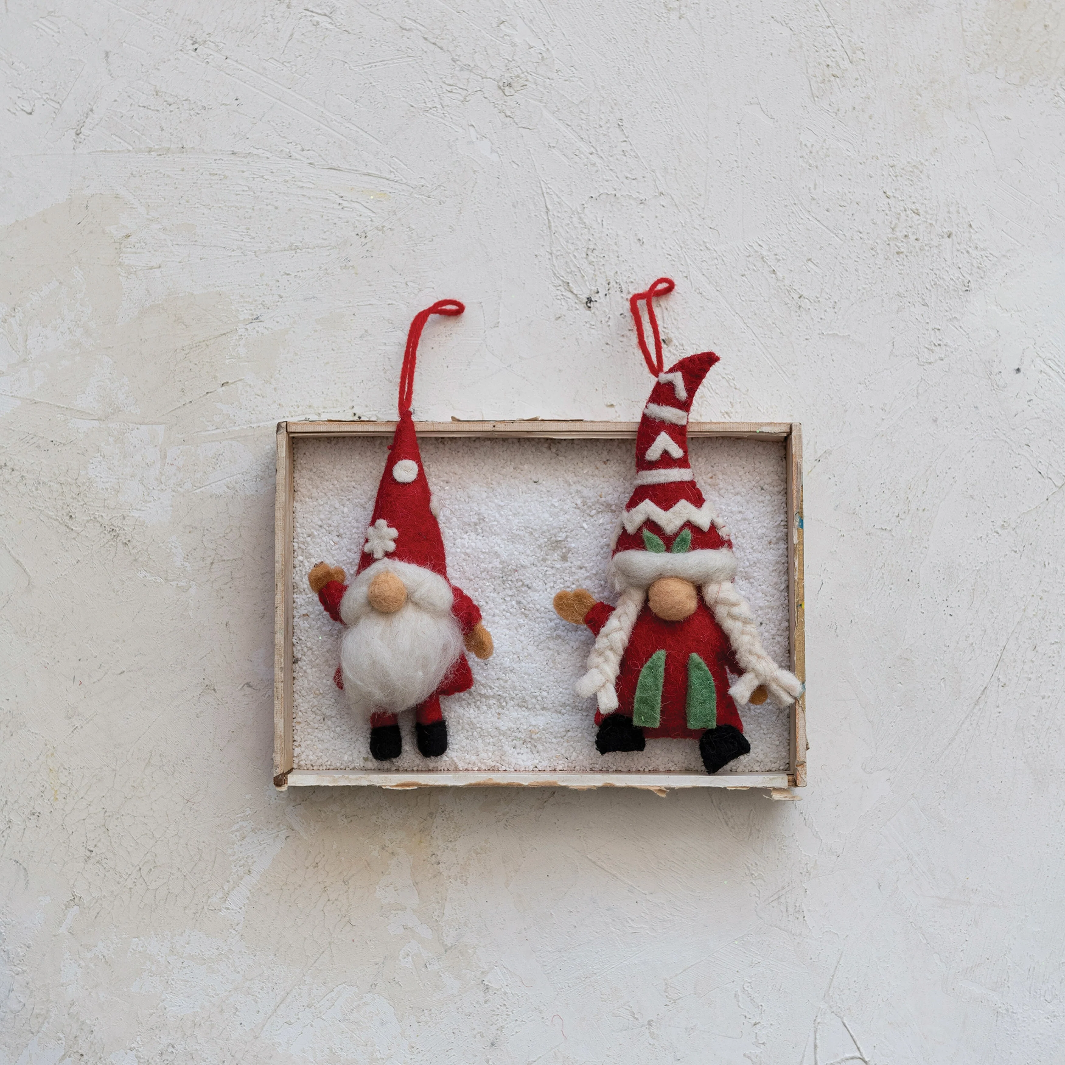 Handmade Wool Felt Gnome Ornament with Applique, Set of 2