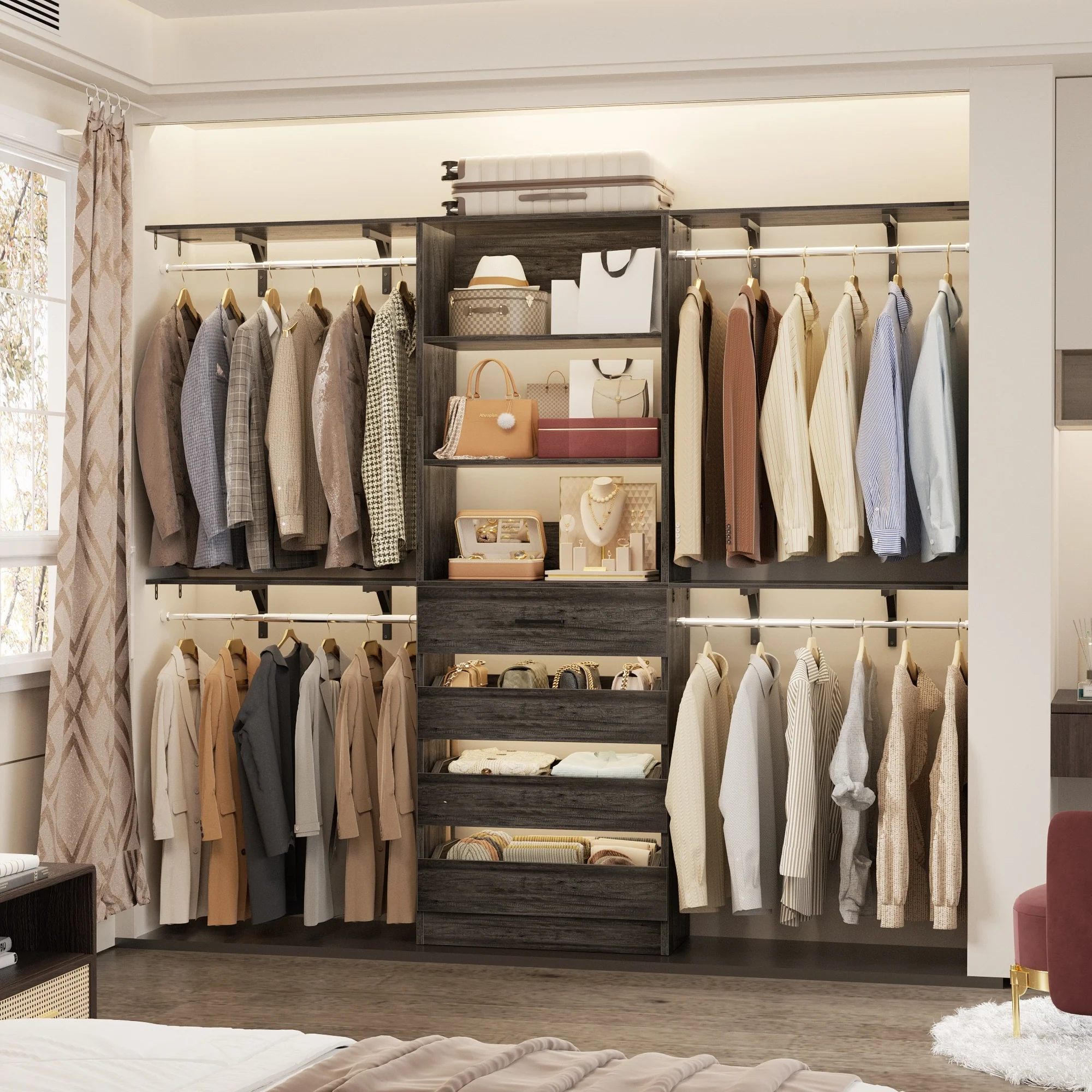 Rackcog 96'' Closet System with 4 Drawers and 4 Hanging Rods, 8FT Wood Closet Organizer for Walk-in Closet