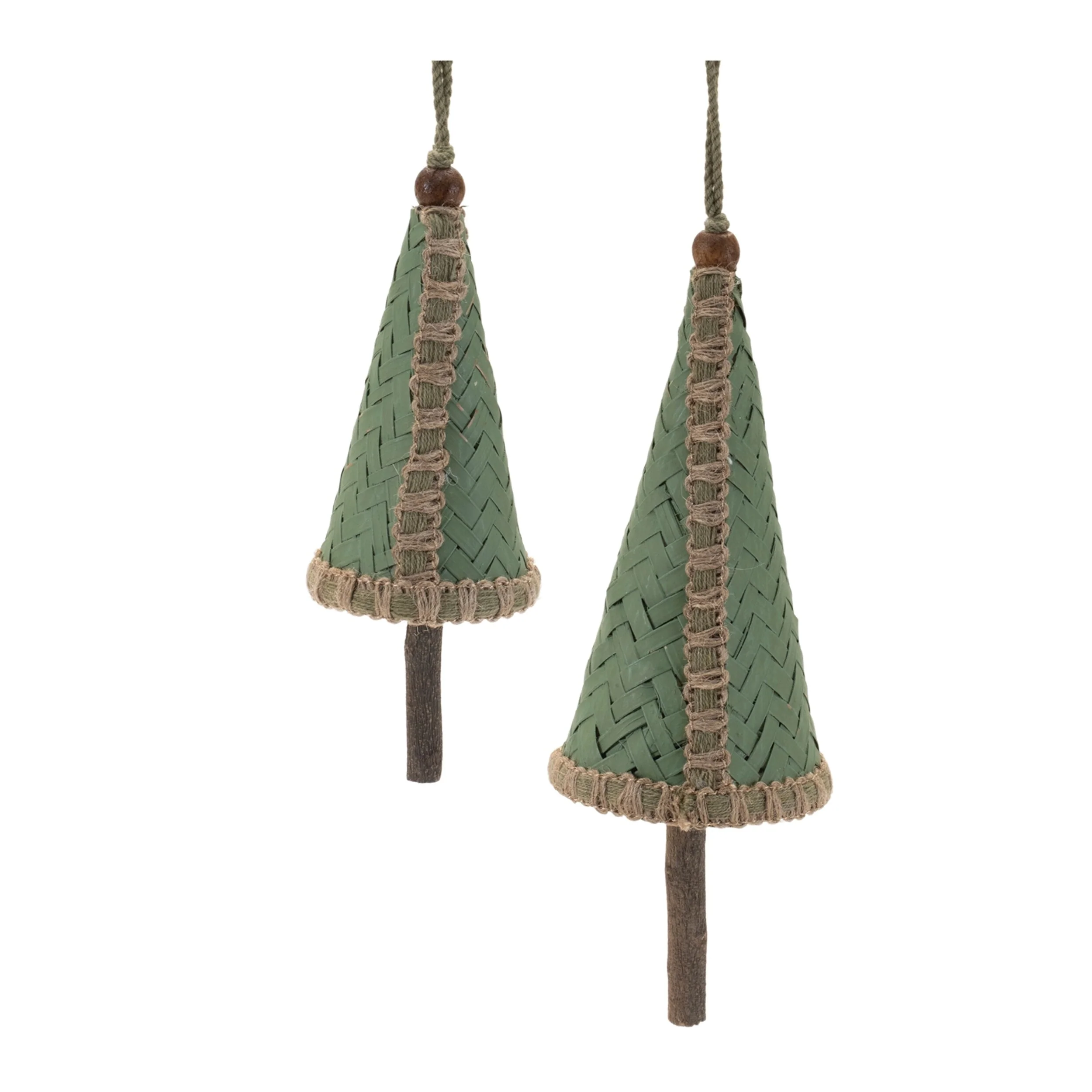 Set of 4 Woven Wicker Pine Tree Ornaments Green and Beige Rustic Farmhouse Christmas Decoration - 3.25”L x 3.25”W x 9.25”H