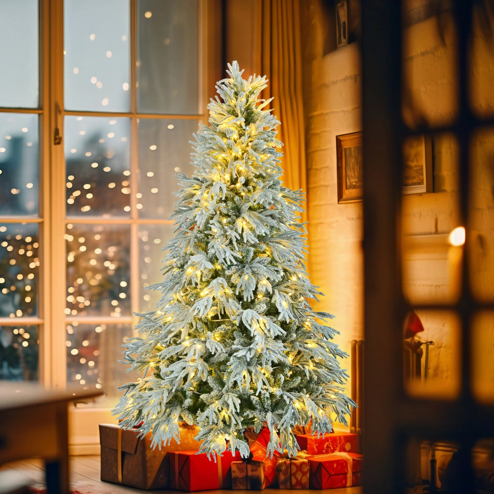 6FT Artificial Snow Flocked Christmas Tree with 300 Multi-Color LED Lights, Hinged Design & 8 Flashing Modes