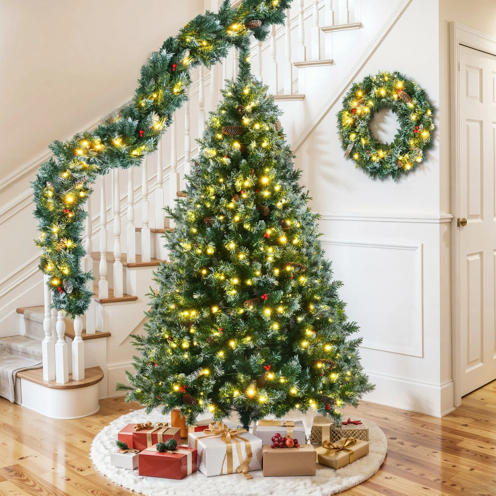 6FT Dark Green Pine Christmas Tree with 11 Lighting Modes, Wreath, and Garland for Holiday Cheer
