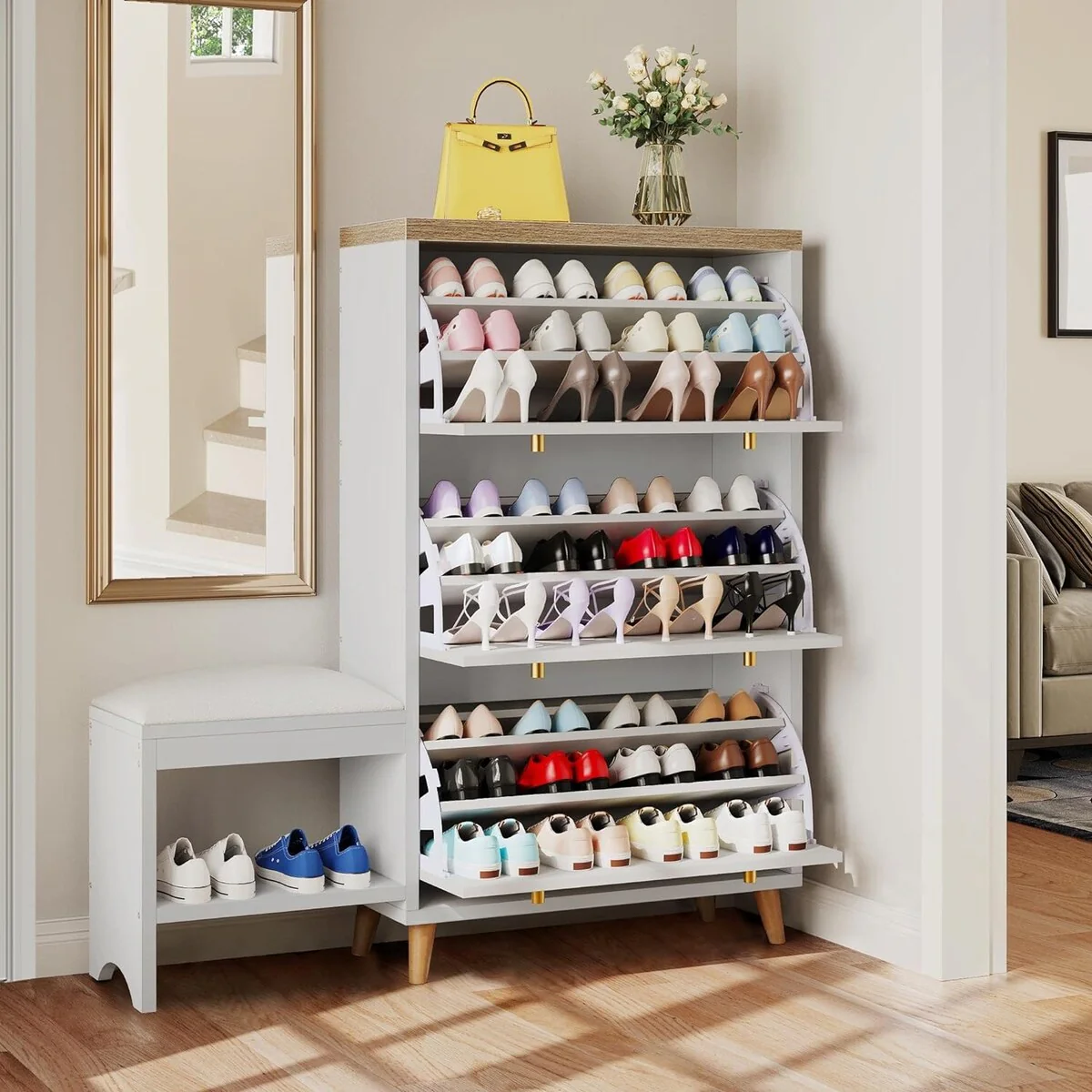 Moasis 3 Flip Drawers Shoe Storage Cabinet with Padded Seat Bench for Entryway