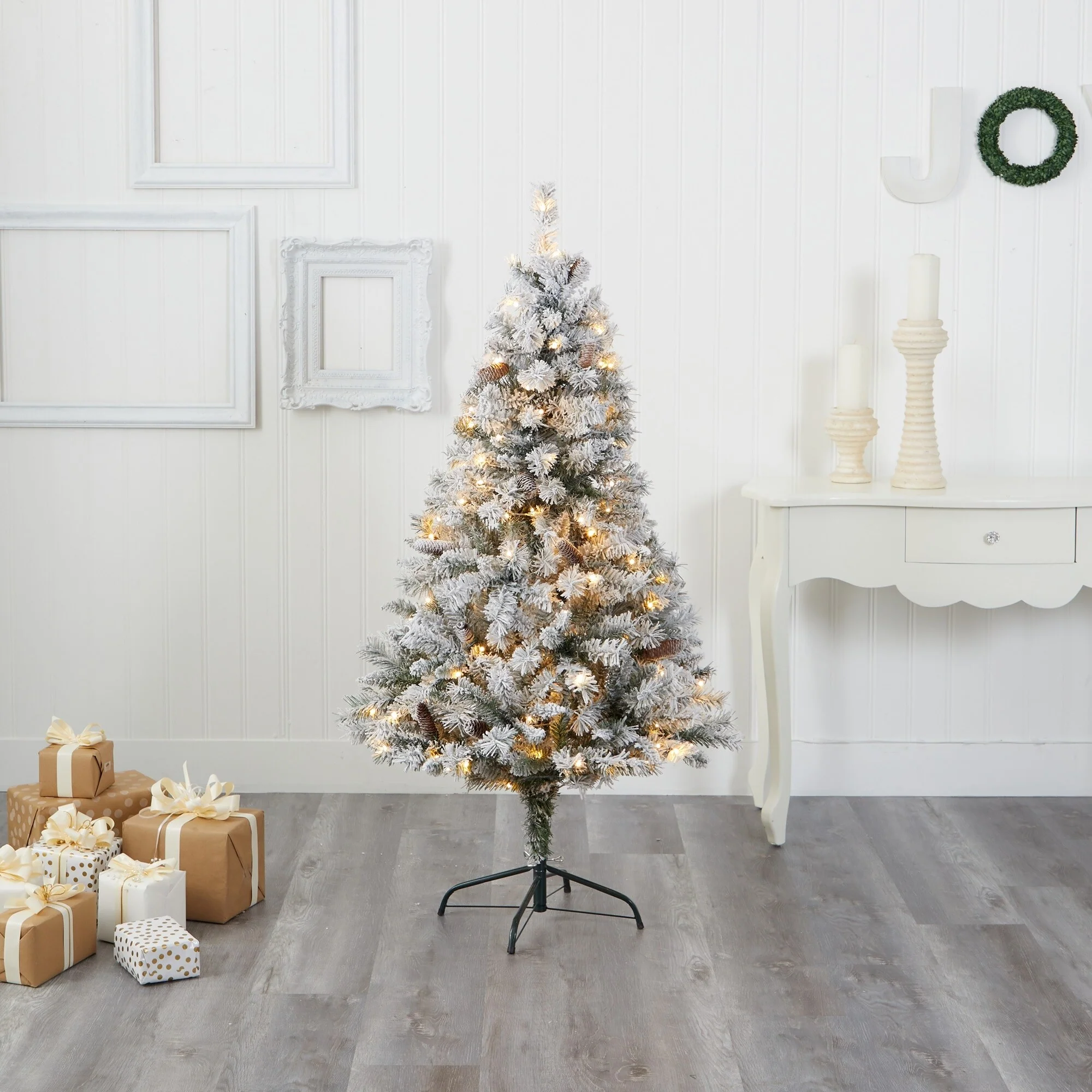 5' Pre-Lit Flocked Artificial Christmas Pine Tree, Clear LED Lights - 5 Foot