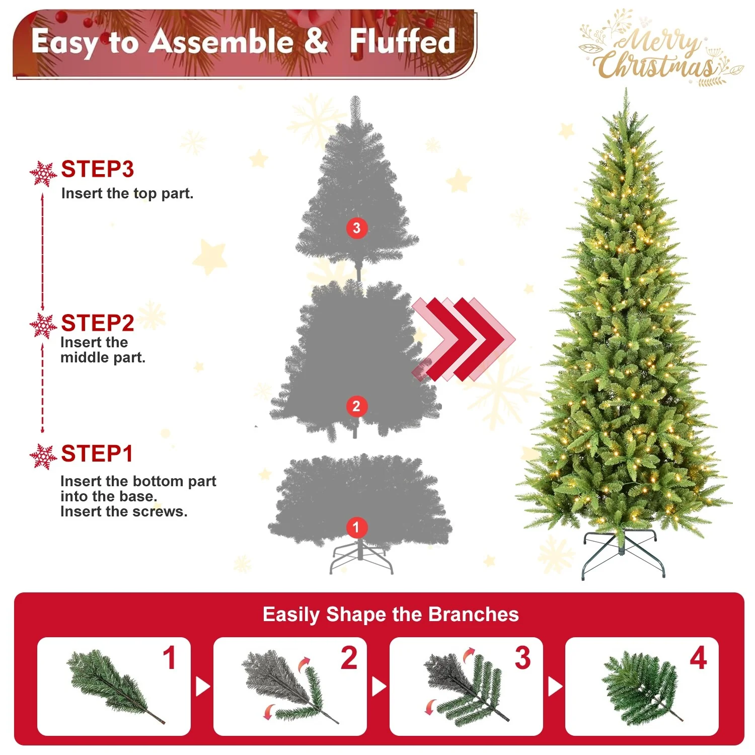 4FT Slim Christmas Tree with 150 Warm White LED Lights-424 PE+PVC Tips,Space-Saving Hinged Design, Easy Setup