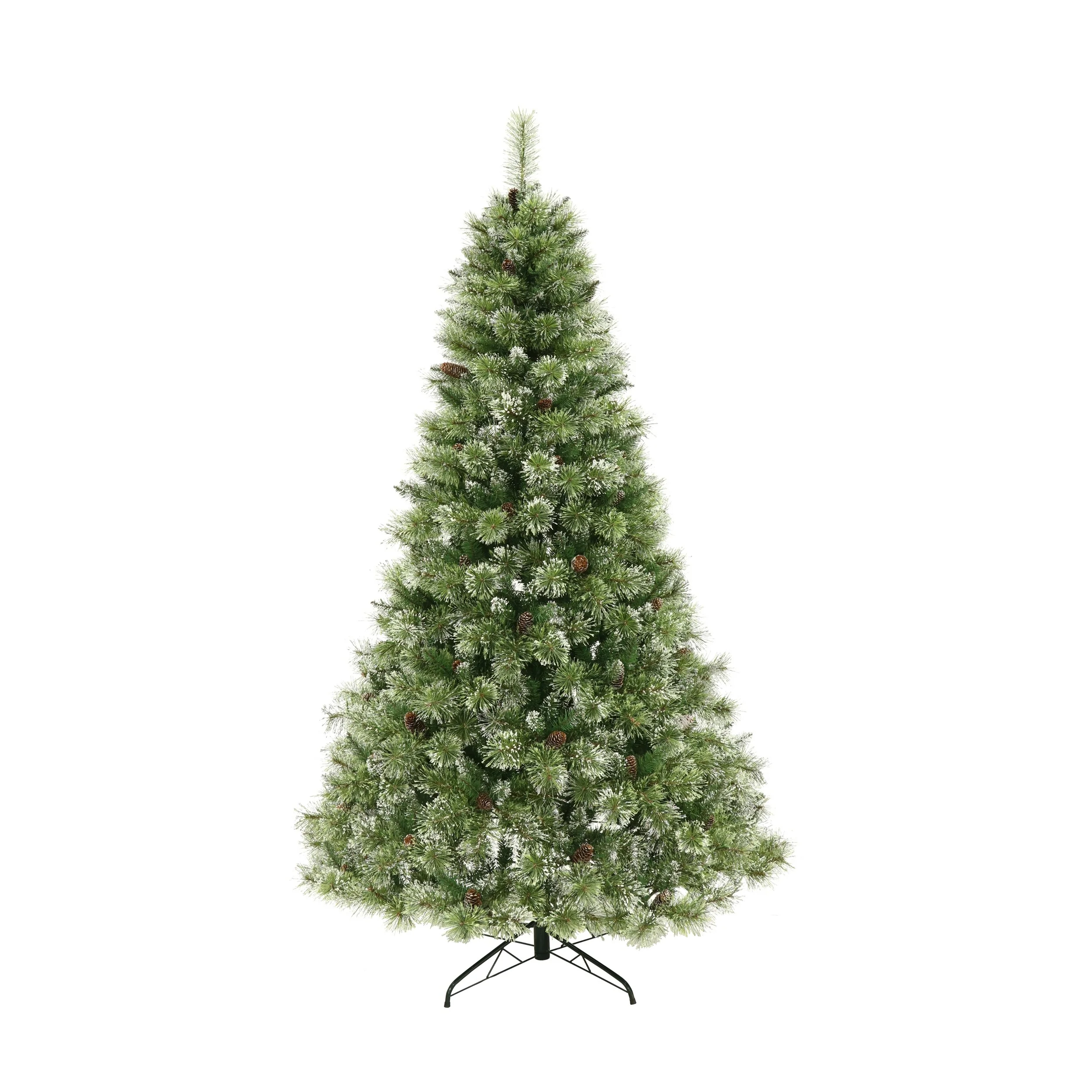 7.5' Artificial Christmas Tree, Snow and Glitter Finish, 750 LED Lights, 86 Pine Cones, Hinged Branches, Indoor Use
