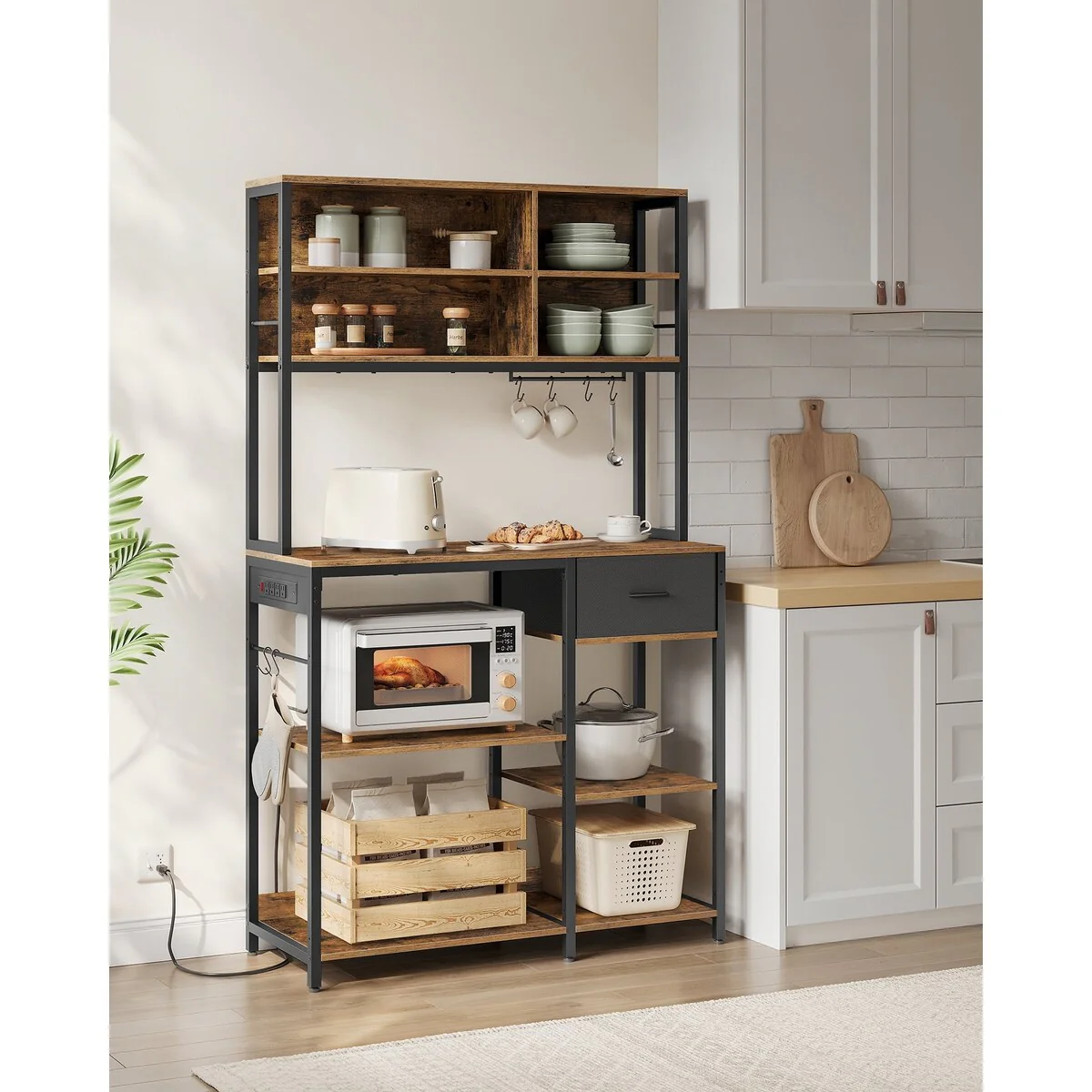 VASAGLE Bakers Rack with Charging Station, Coffee Bar Stand with Adjustable Storage Shelves
