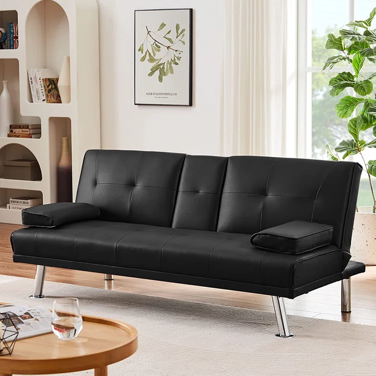 Janni 66'' Wide Faux Leather Cushion Back Convertible Sofa with Cup Holder