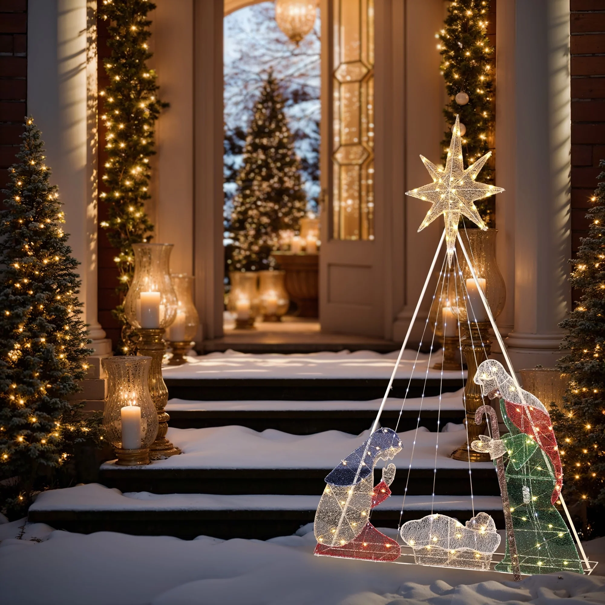 Lighted Nativity and Christmas Tree Outdoor Holiday Decoration - Multi-Color/White