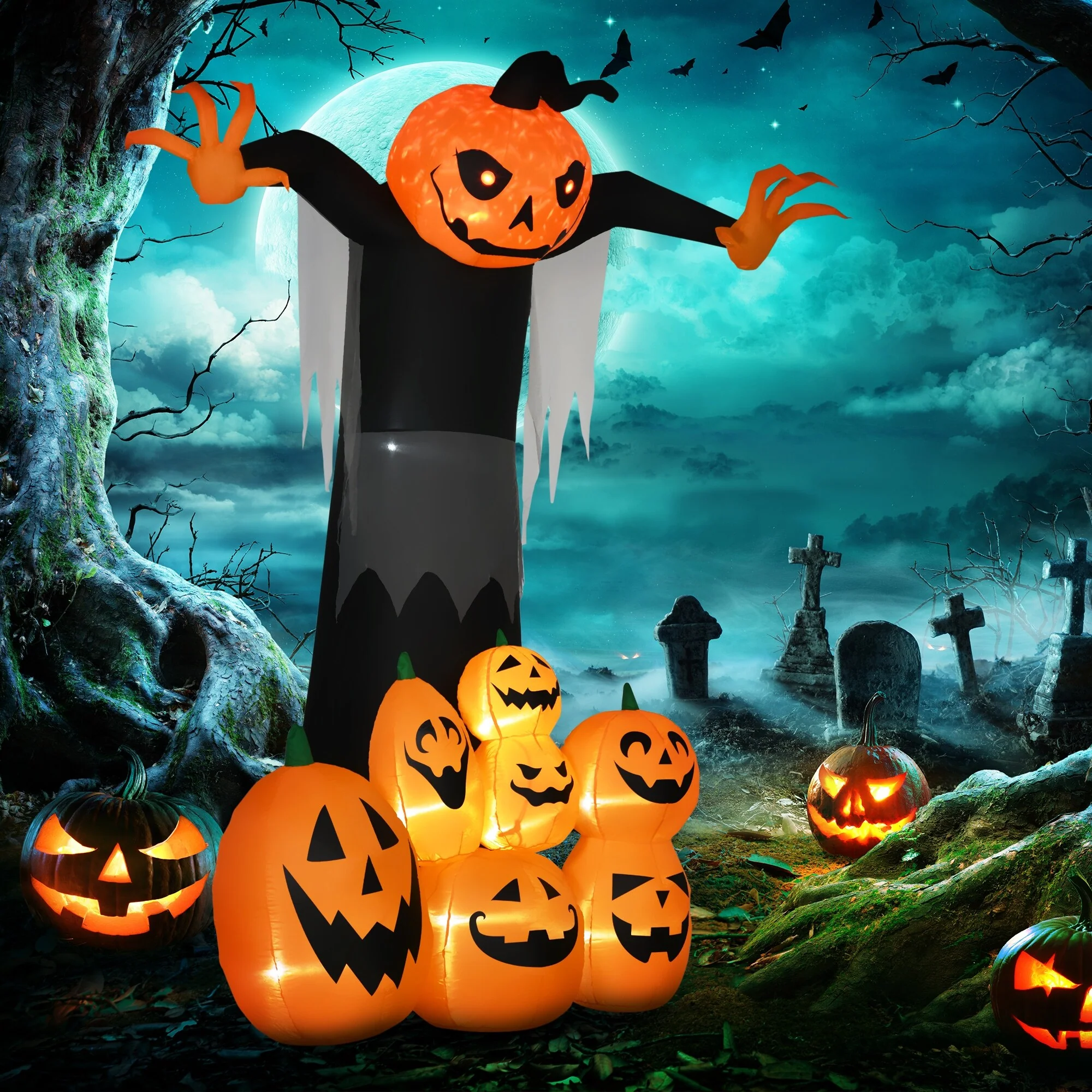 HOMCOM 9ft Halloween Inflatables, Pumpkin Ghost with Pumpkin Patch, Outdoor Giant Blow Up Yard Decoration with Build-in LED