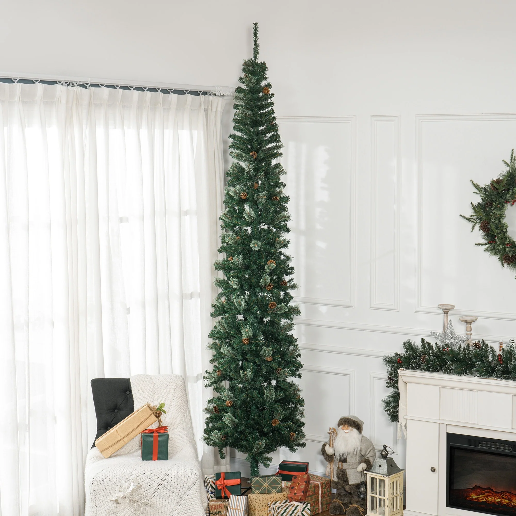9.5ft Slim Christmas Tree with Pine Cones, Realistic Needles and Metal Base