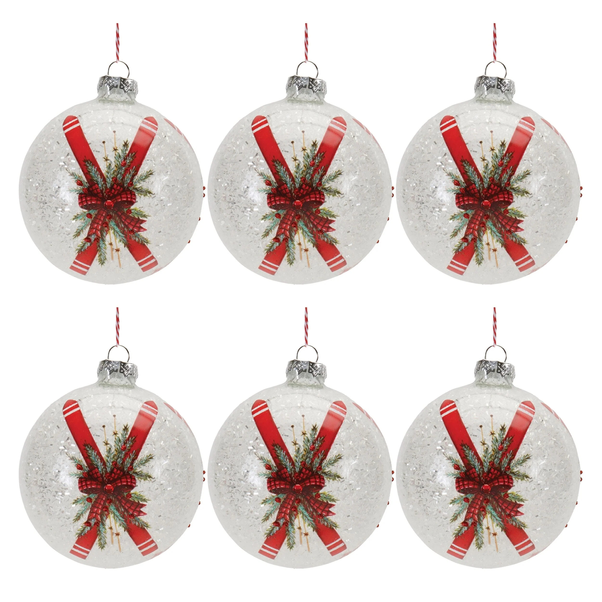 Set of 6 Glass Ornaments with Skis and Bows for Holiday Tree Decor - 4