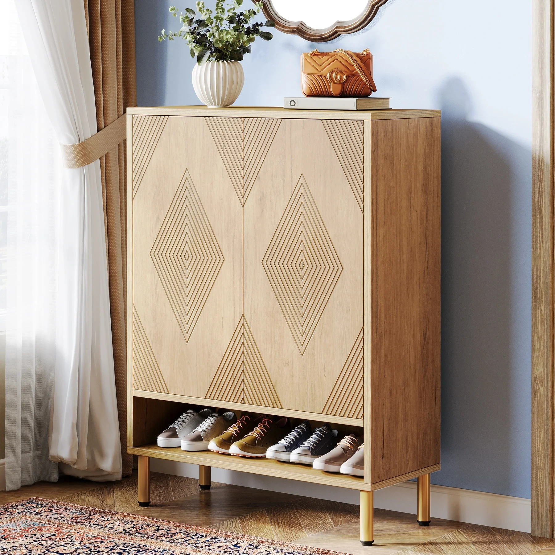 6-tier Shoe Cabinet with Doors, Wood Shoe Rack with Adjustable Shelves