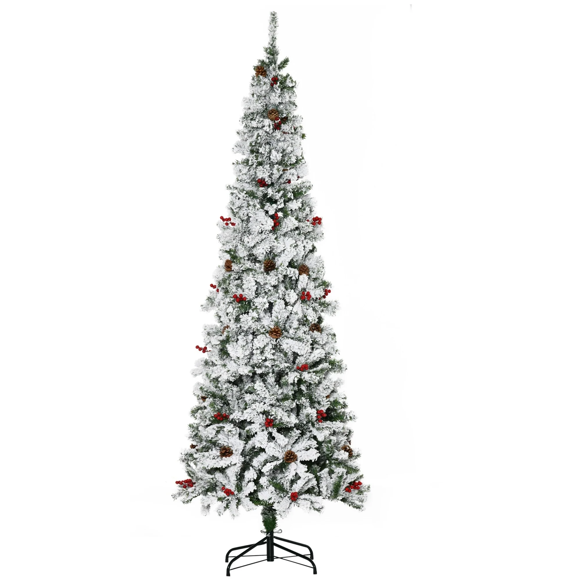 7.5' Slim Snow Flocked Christmas Tree, Pencil Pine with Pine Cones, Red Berries & Easy Auto Open Assembly