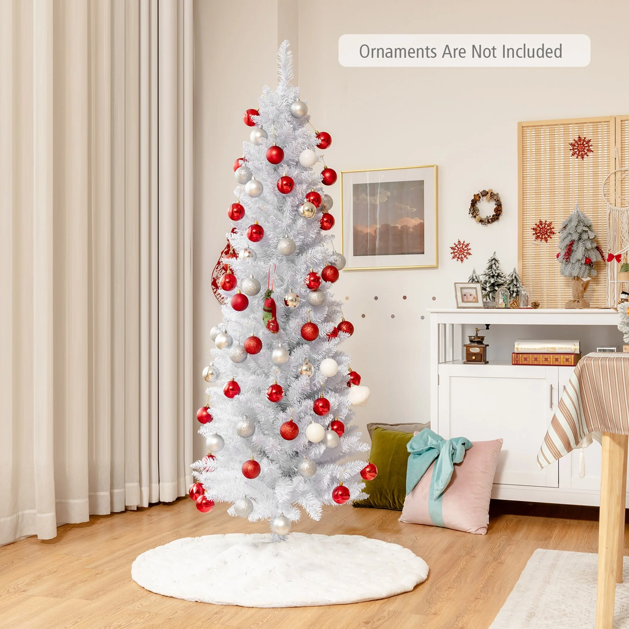 Gymax 5/6/7 FT Artificial Pencil White Christmas Tree Leafy Unlit Slim