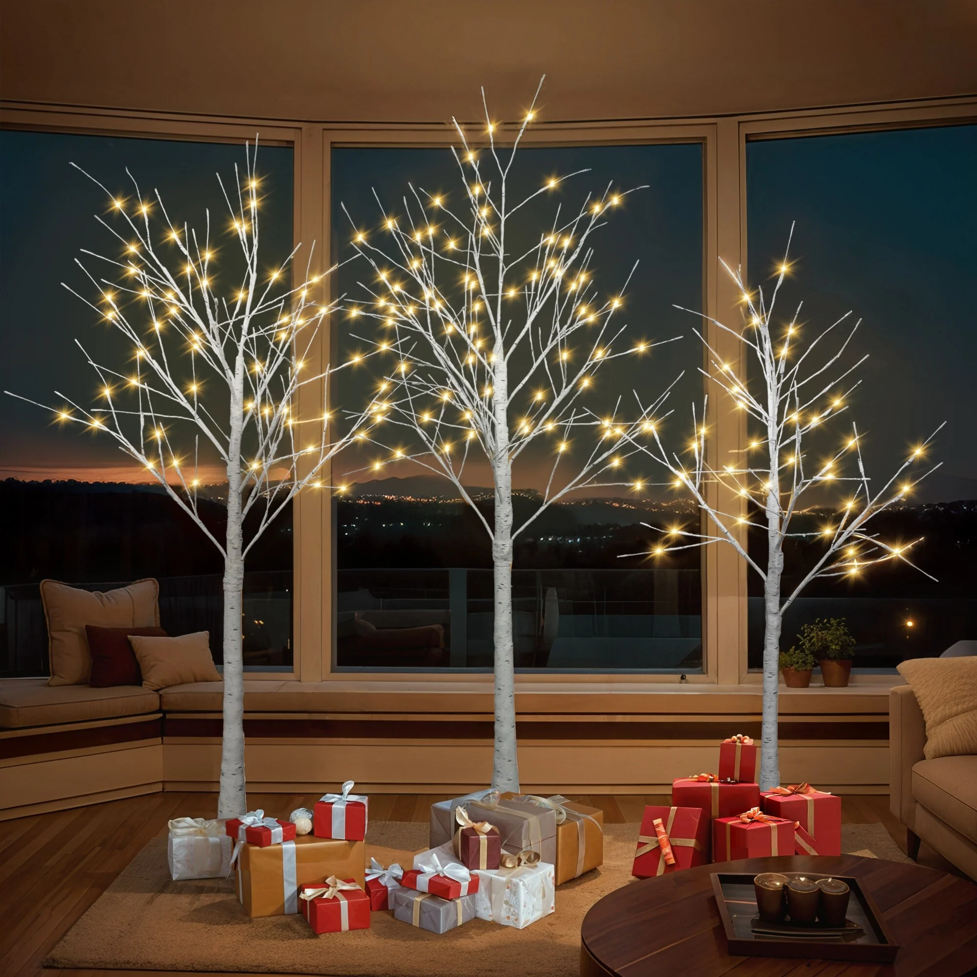 3-Piece Lighted Birch Tree Set, 4FT, 5FT, 6FT, LED Warm White Lights, Artificial Tree for Holiday Decoration