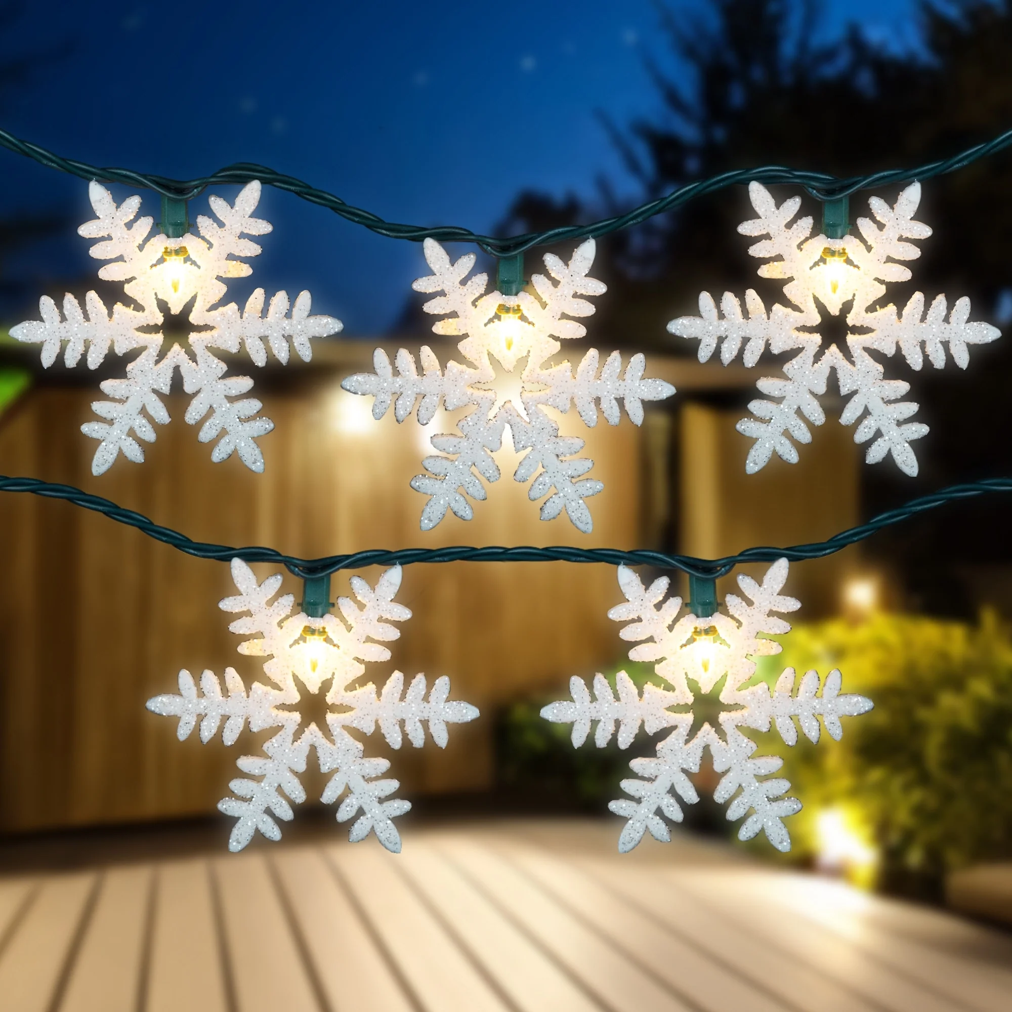 10-Count White Glittered Snowflake Christmas Light Set, 6ft Green Wire
