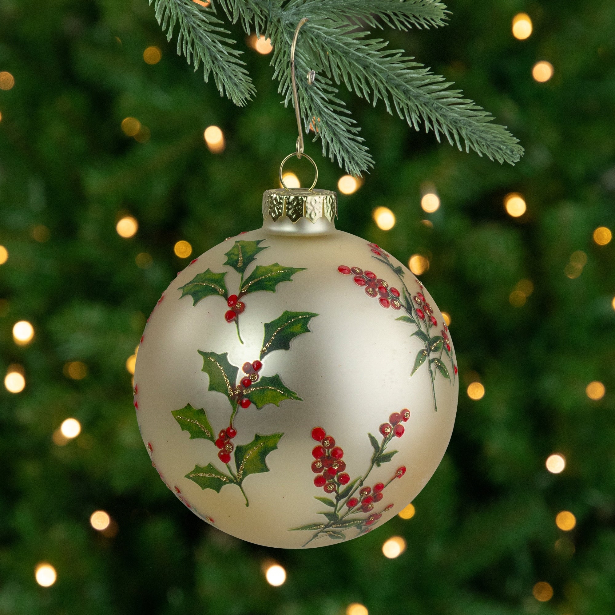 Gold Holly Berry Glass Ball Christmas Ornament 4