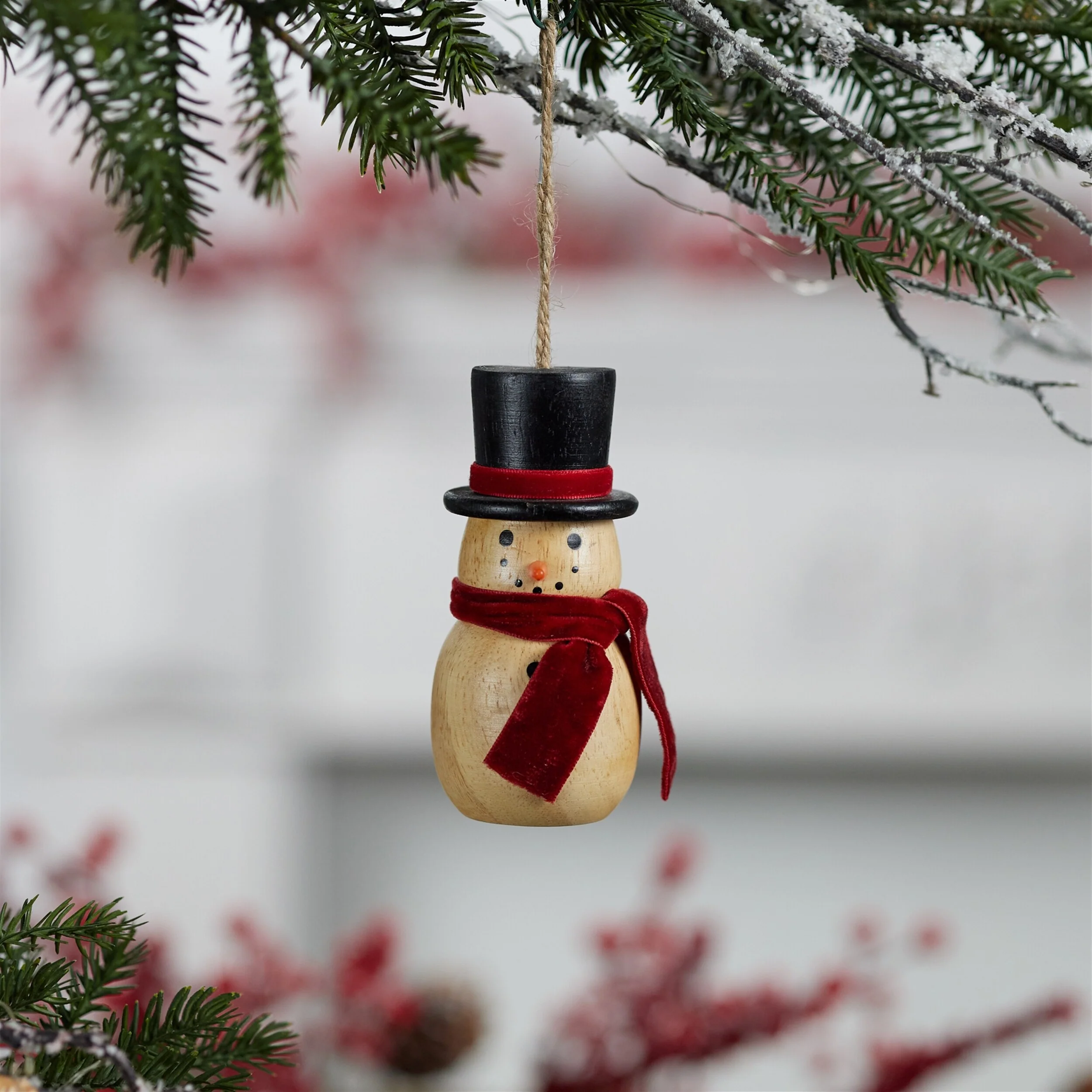 Set of 12 Wooden Snowman Jute String Ornaments with Fabric Scarf and Hat for Rustic Christmas Tree Decor - 2”L x 2”W x 4”H