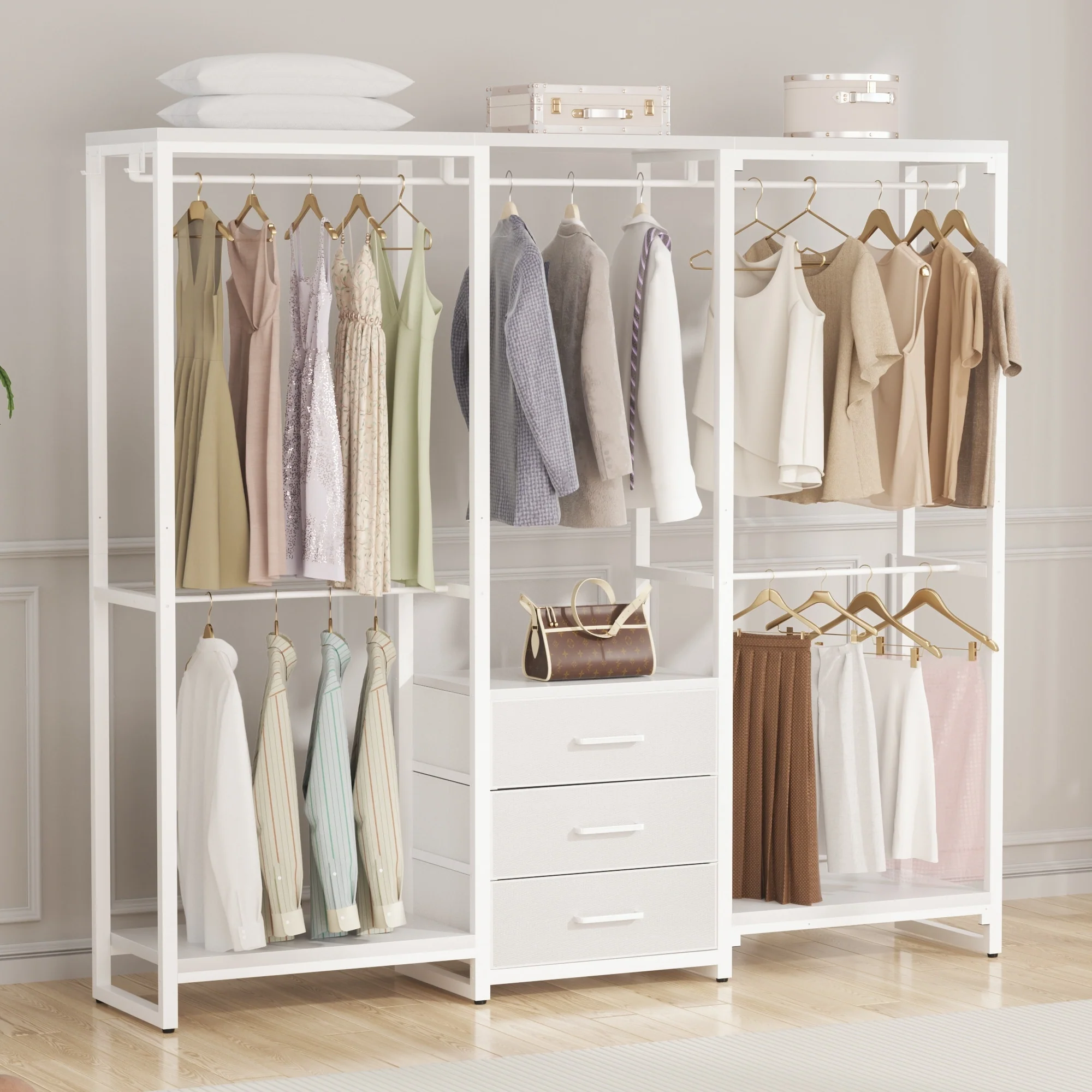 65.6'' Heavy-duty Garment Rack, Freestanding Closet Organizer with Fabric Drawers and 5 hanging Rods