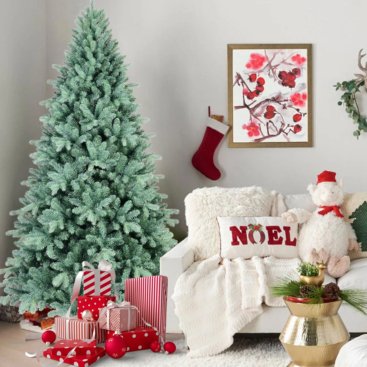 8FT Blue PE/PVC Christmas Tree-2458 Tips, Hinged Branch Design, Full Natural Look, Stable Metal Stand