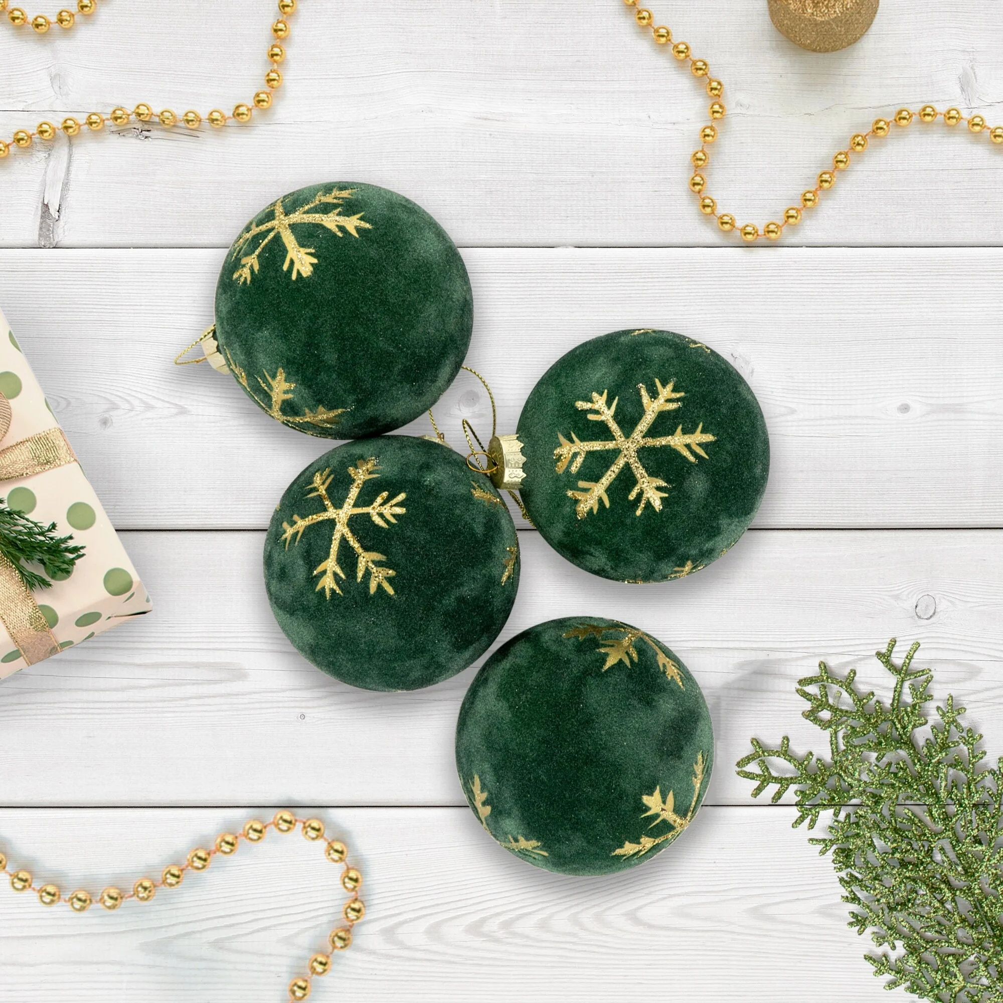4ct Green Flocked Glass Ball Christmas Ornaments Gold Snowflakes 3