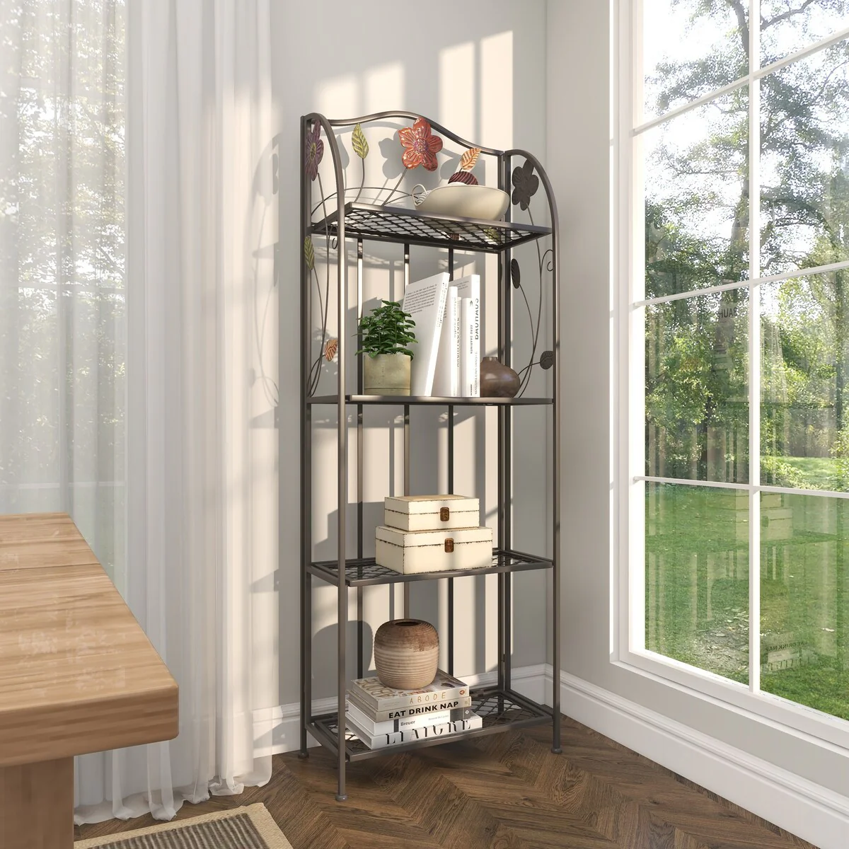 Metal Floral Indoor Outdoor Tall Folding 4 Shelves Bakers Rack - Black - Roche River Decor