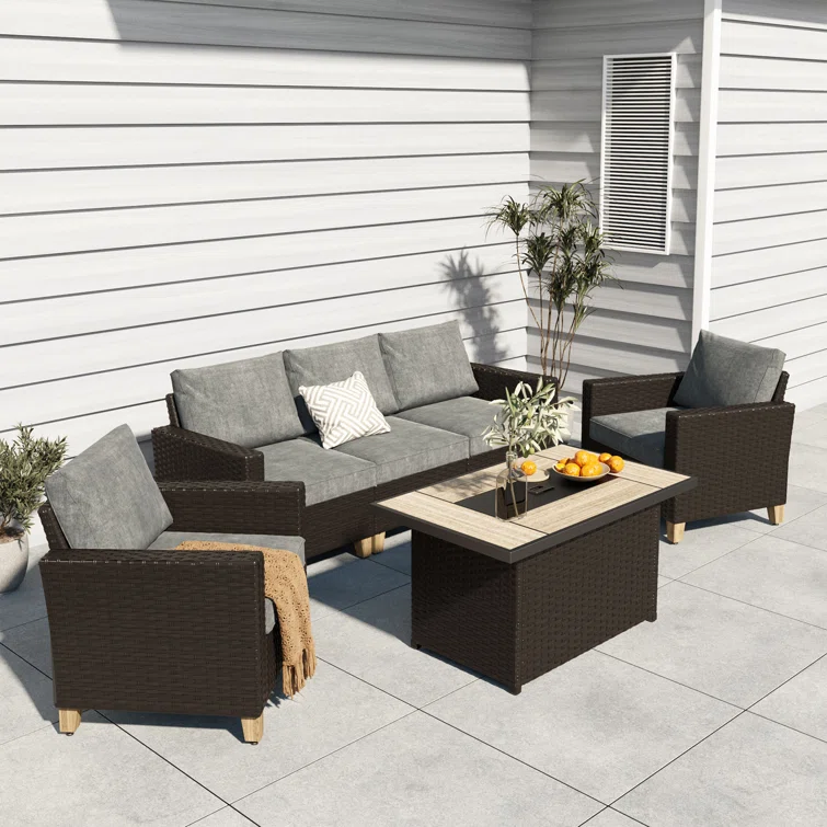 6-Pieces Wicker Conversation Set With Fire Pit Table