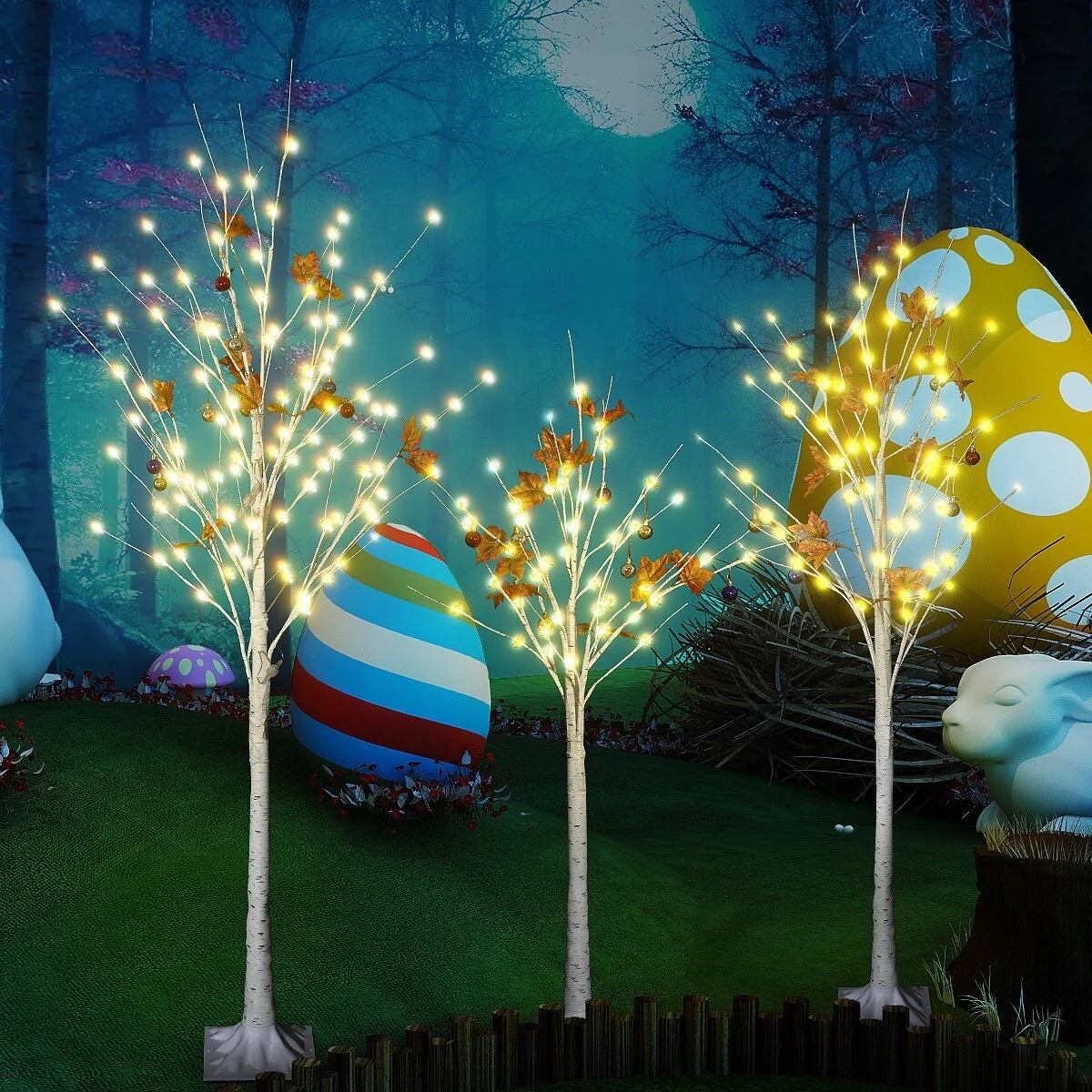 Pre-lit Artificial Tree Birch Tree Christmas Holiday Party Decorations Starlit Tree for Indoor Outdoor Use, 3 Pieces Sets