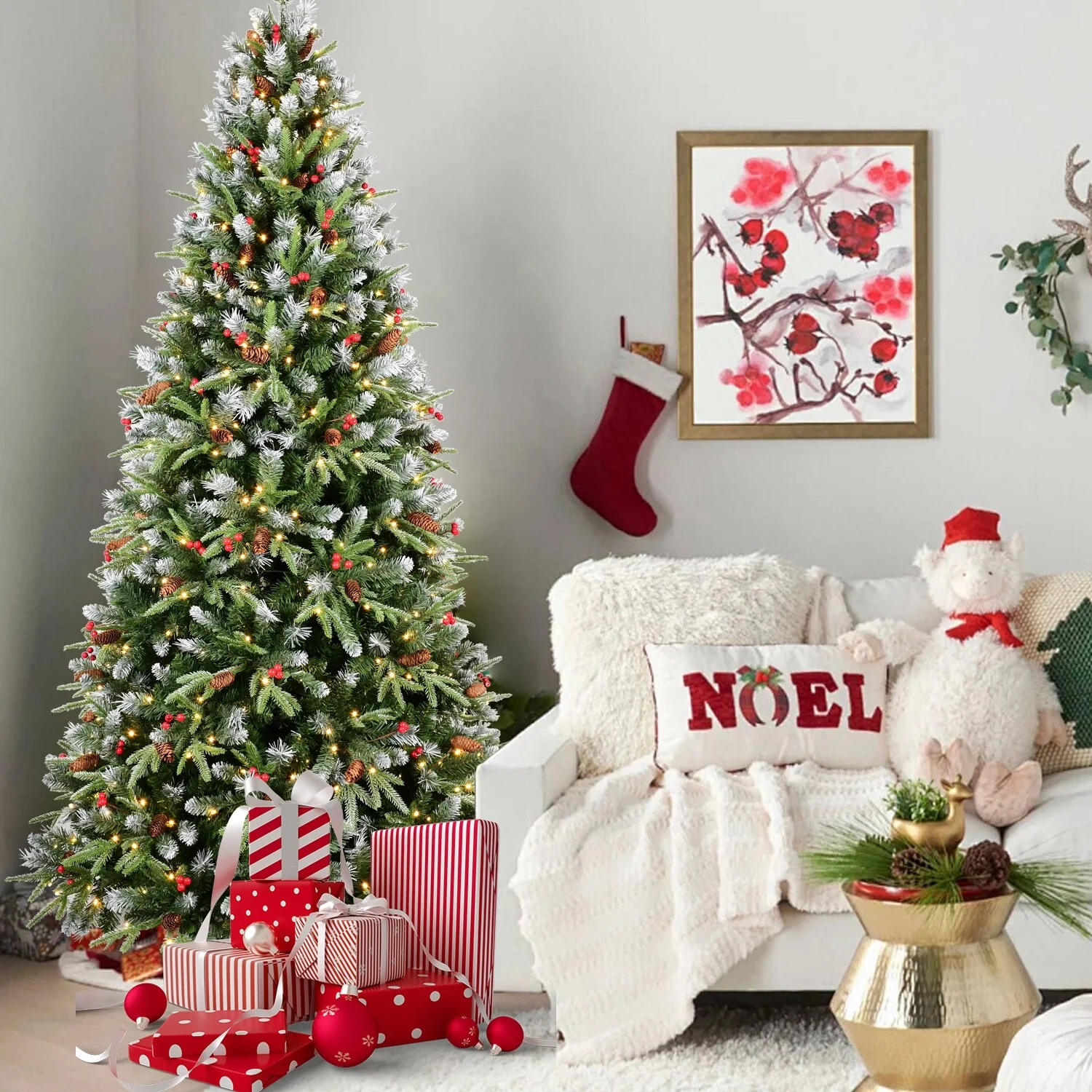 4FT Christmas Tree with 150 Warm White LED Lights-747 Snow-Tipped PE+PVC Branches, Red Berries&Pine Cones, Hinged Design