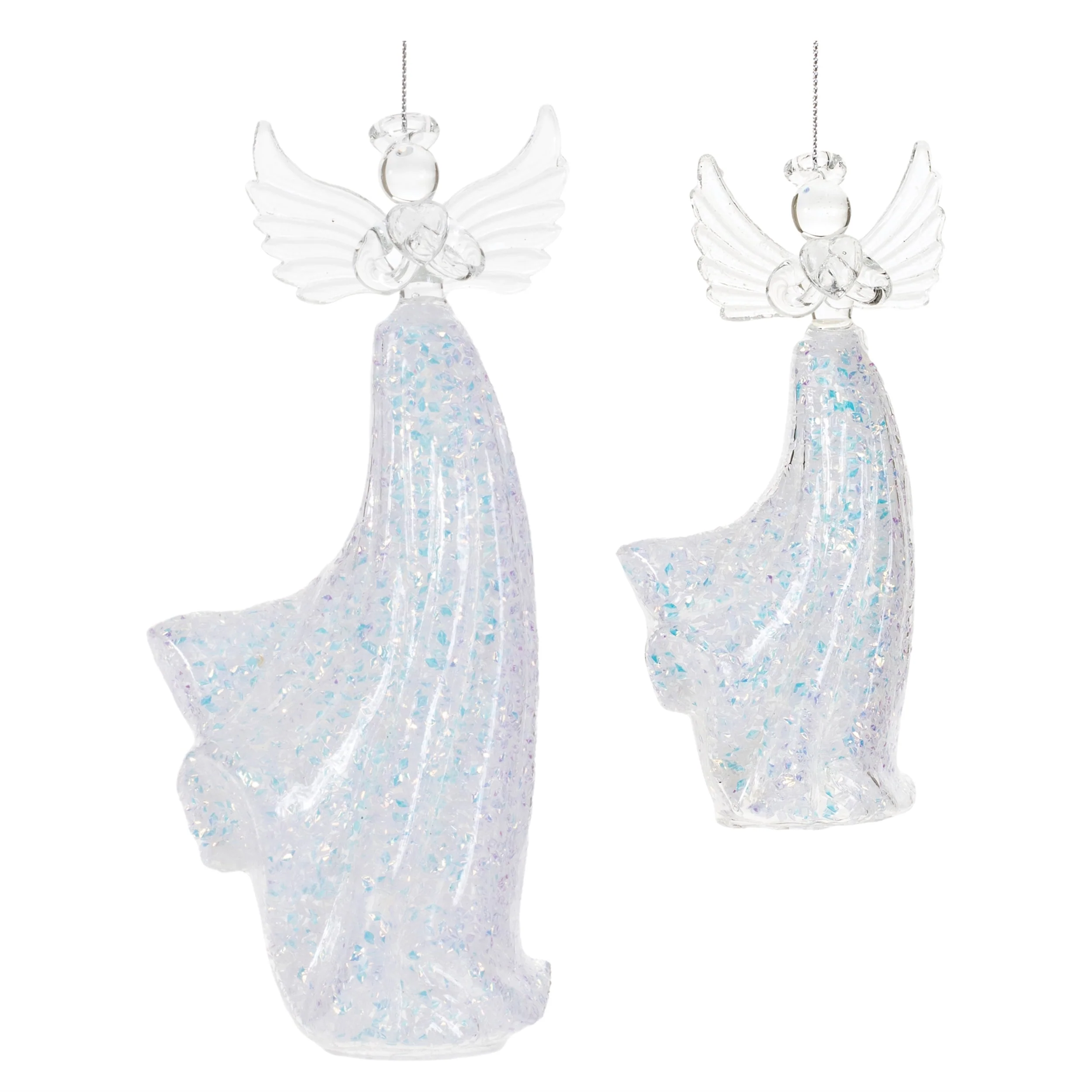 Clear Glass Iridescent Angel Ornaments Set of 6 Glittered Holiday Decor - 3.25” x 3.25” x 7.5” (L x W x H)