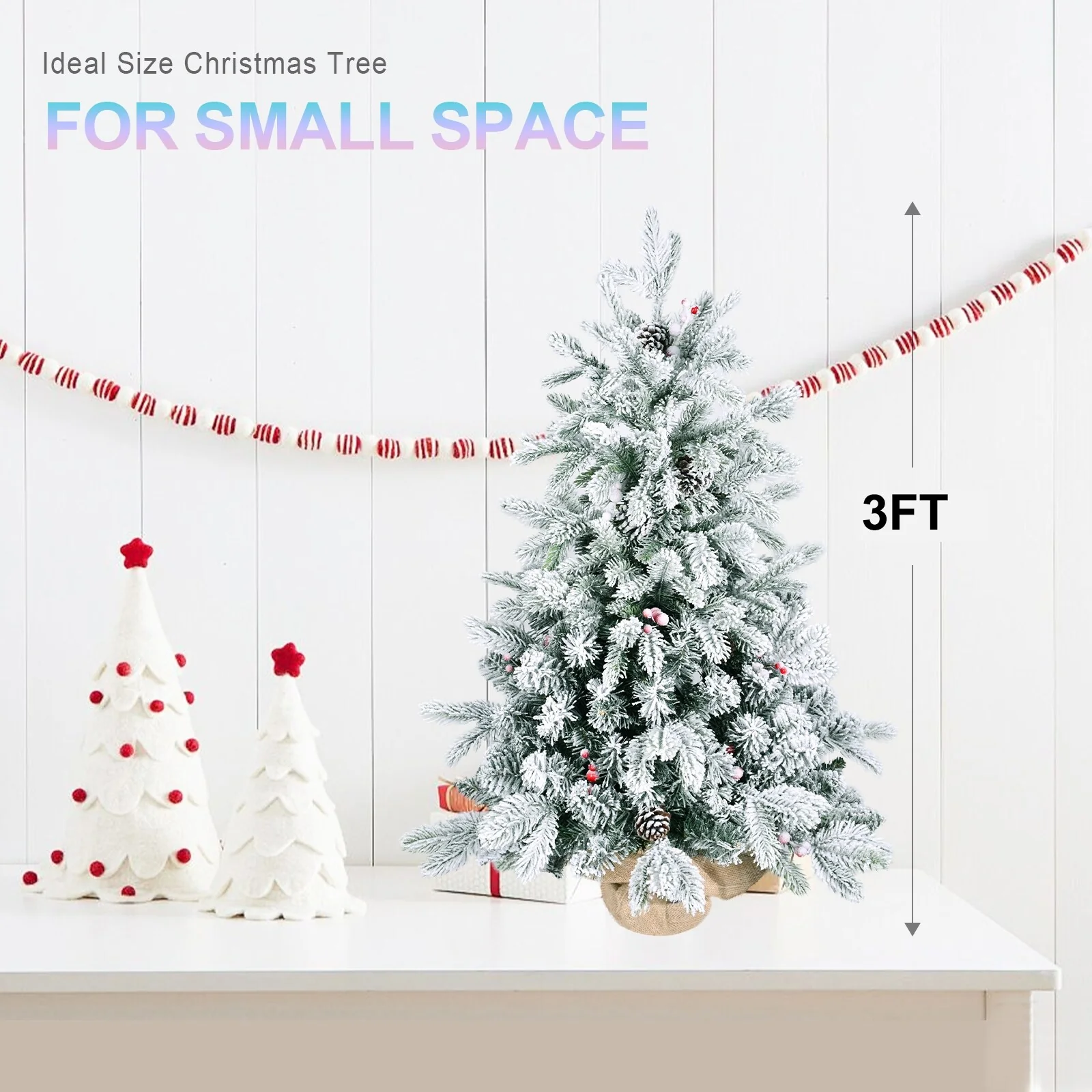 3FT Flocked Tabletop Christmas Tree with 355 Tips, Snowy PE/PVC Branches, 14 Pine Cones & 14 Red Berries