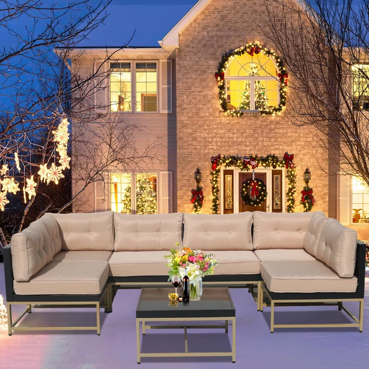 Patio 7-Piece Furniture Set,Outdoor Wicker Sectional Sofa w/Golden Legs (Set of 7)