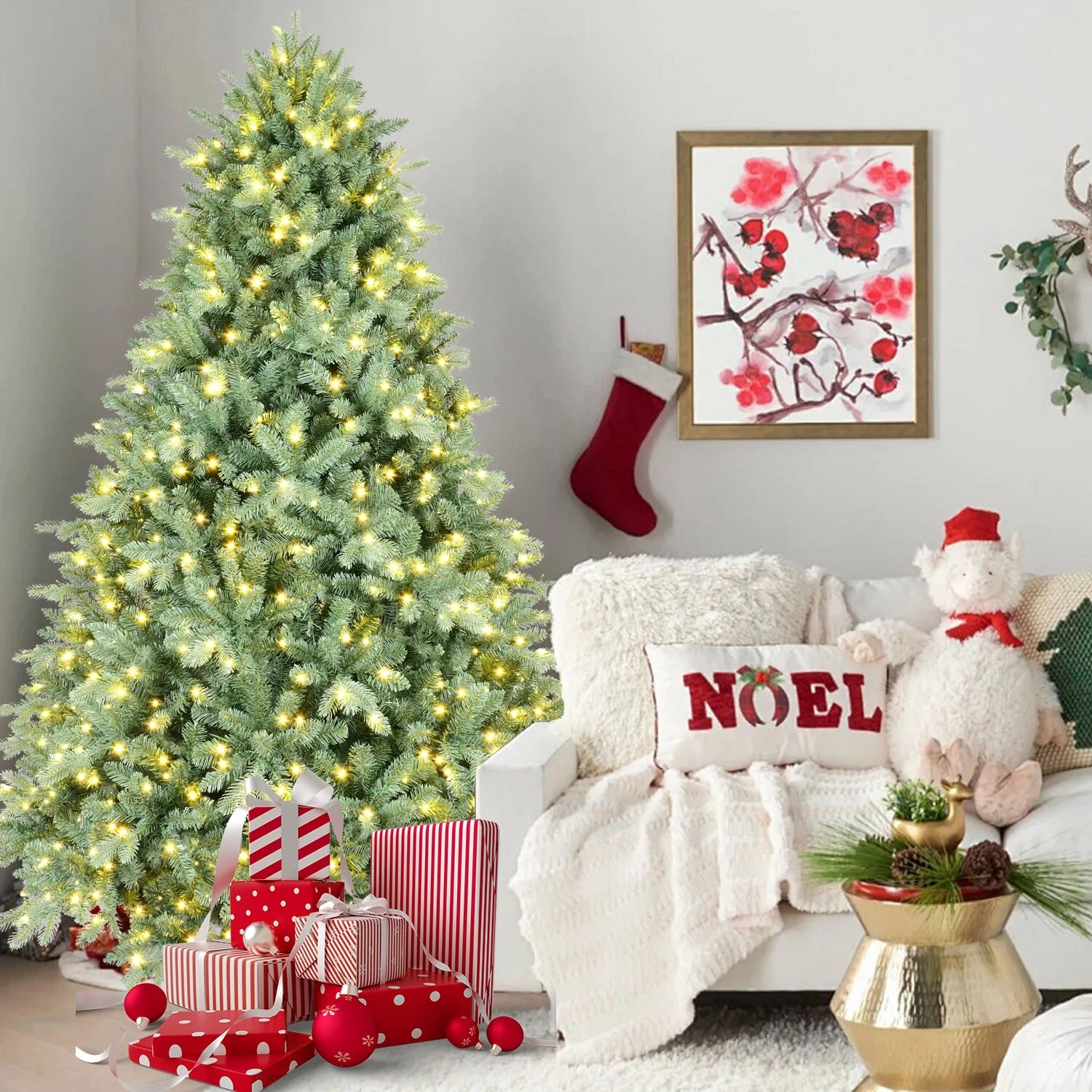 4FT Blue Pre-Lit Christmas Tree with 150 Warm White LED Lights-592 PE+PVC Tips, Hinged Branches for Easy Setup