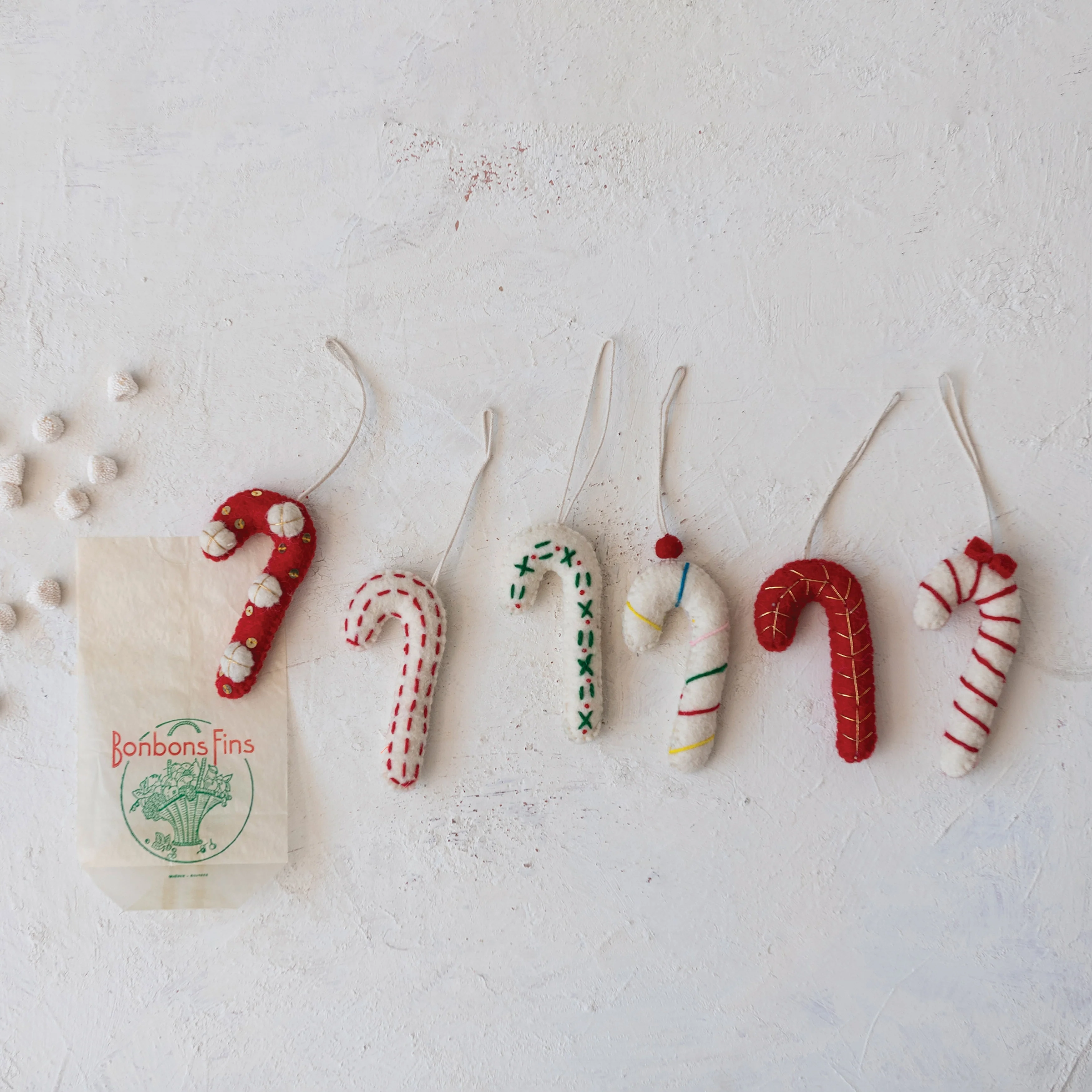 Handmade Wool Felt Candy Cane Ornament with Embroidery, Set of 6