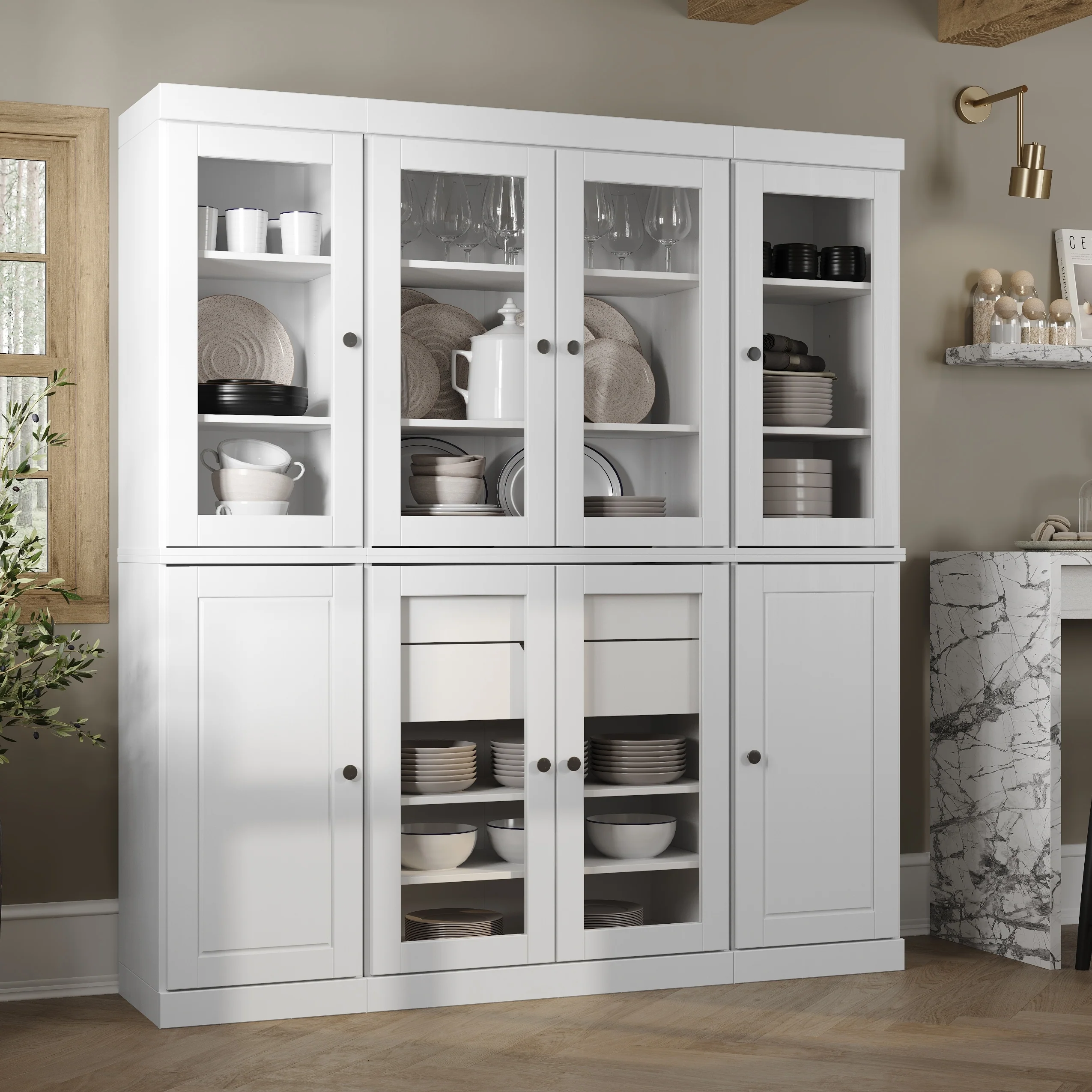 100% Solid Wood Kitchen China Pantry Buffet with Glass or Solid Wood Doors and 2-Drawer Kit by Palace Imports - 65