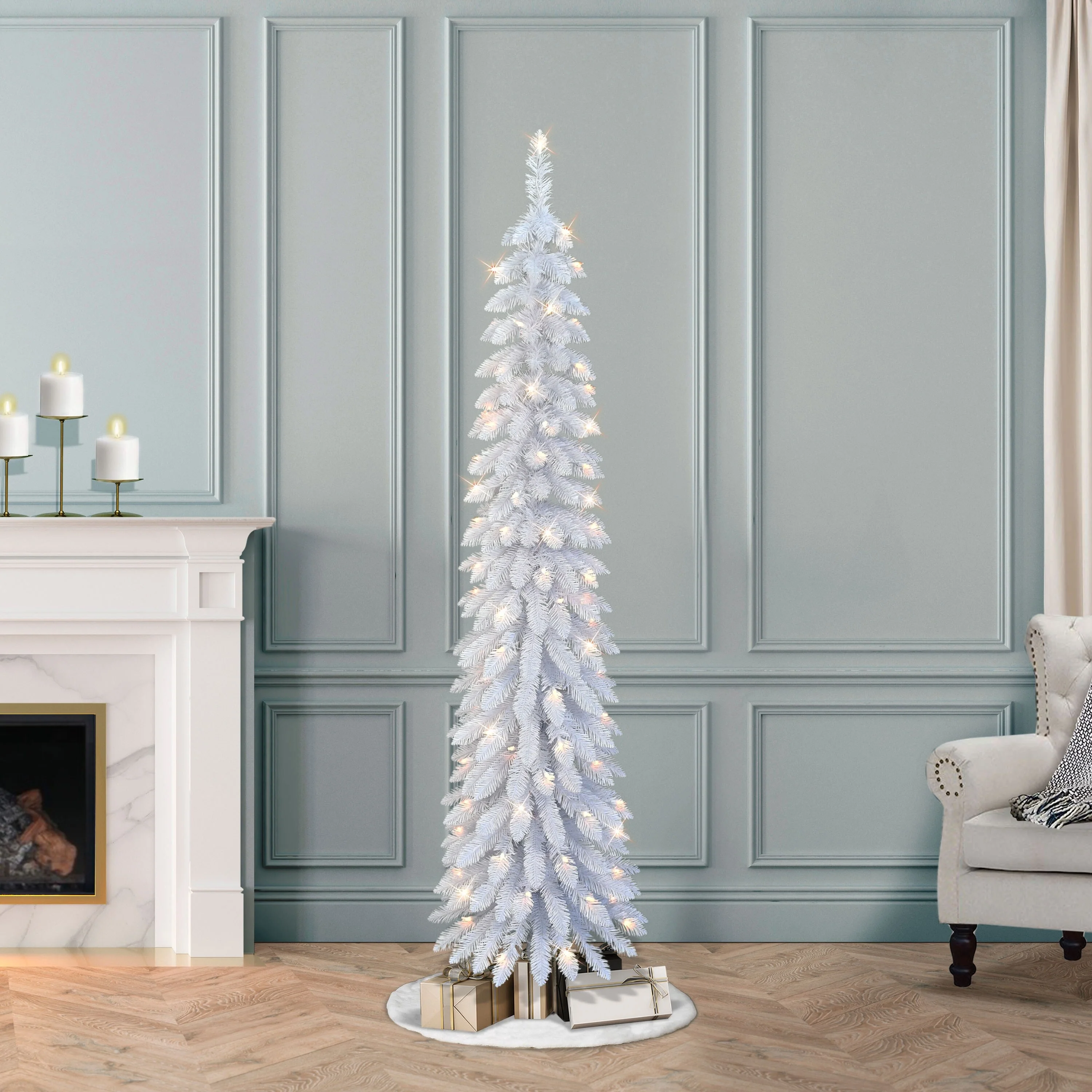 Puleo International 6' Pre-Lit Artificial White Alpine Pencil Tree