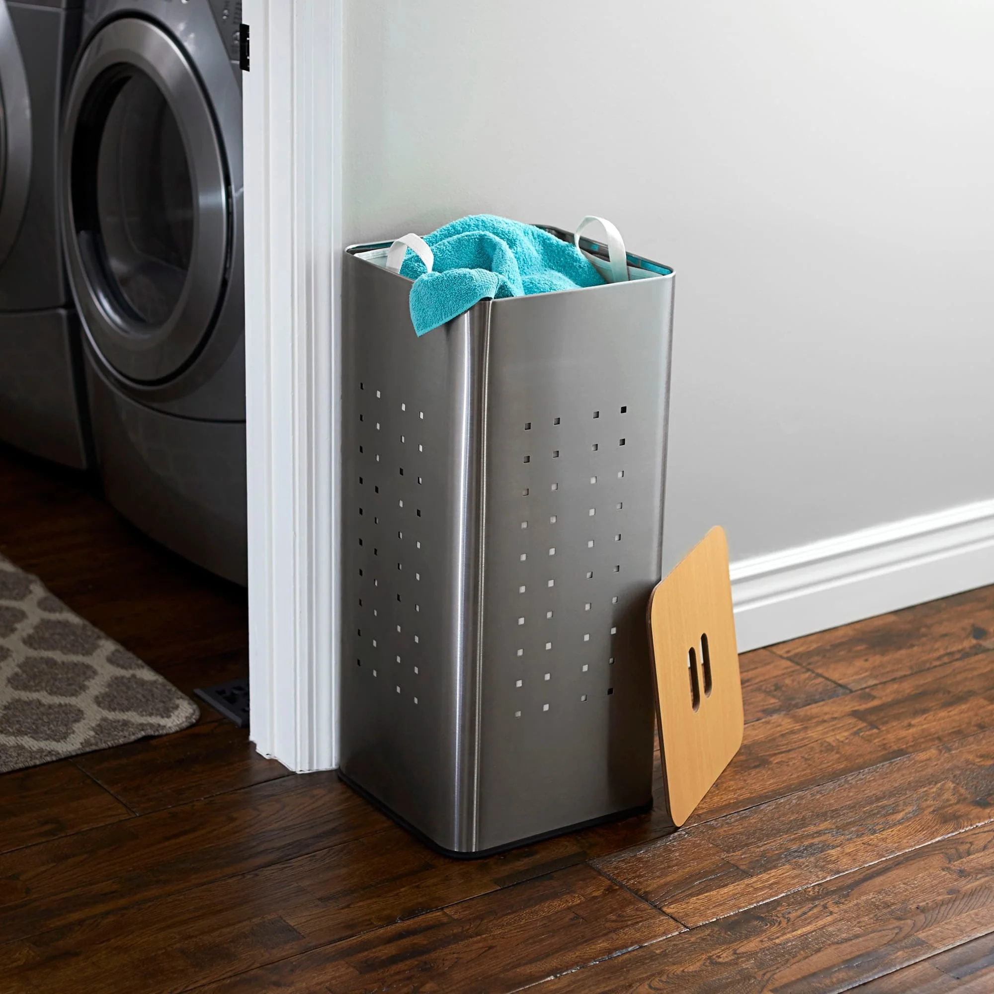 Household Essentials Metal Hamper with Engineered Wooden Lid - 12.3