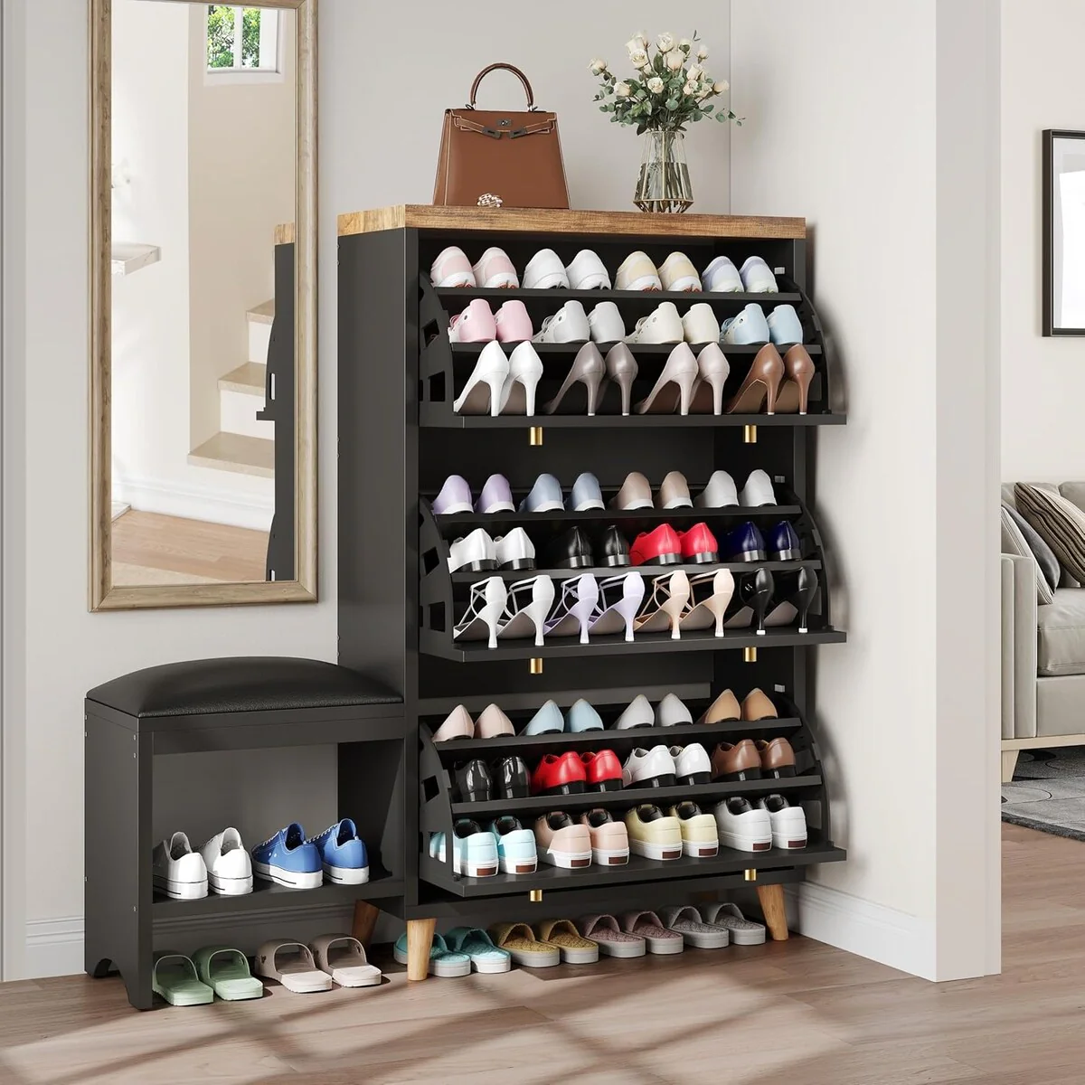 Moasis 3 Flip Drawers Shoe Storage Cabinet with Padded Seat Bench for Entryway