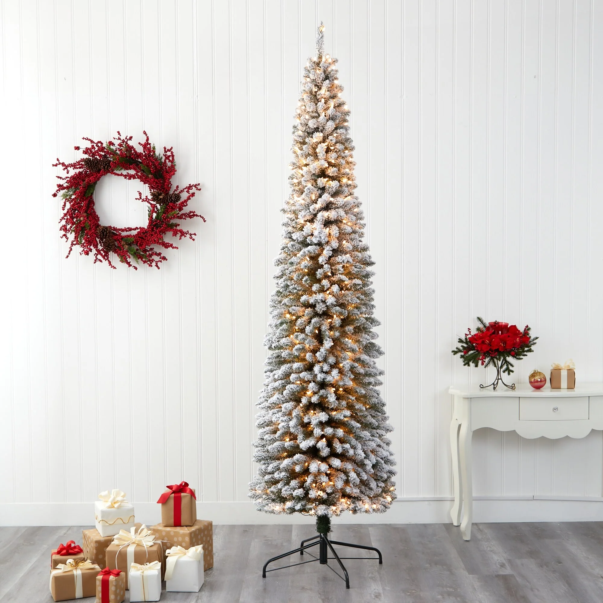 9’ Pre-Lit Pencil Flocked Artificial Christmas Tree, Clear LED Lights - 9 Foot