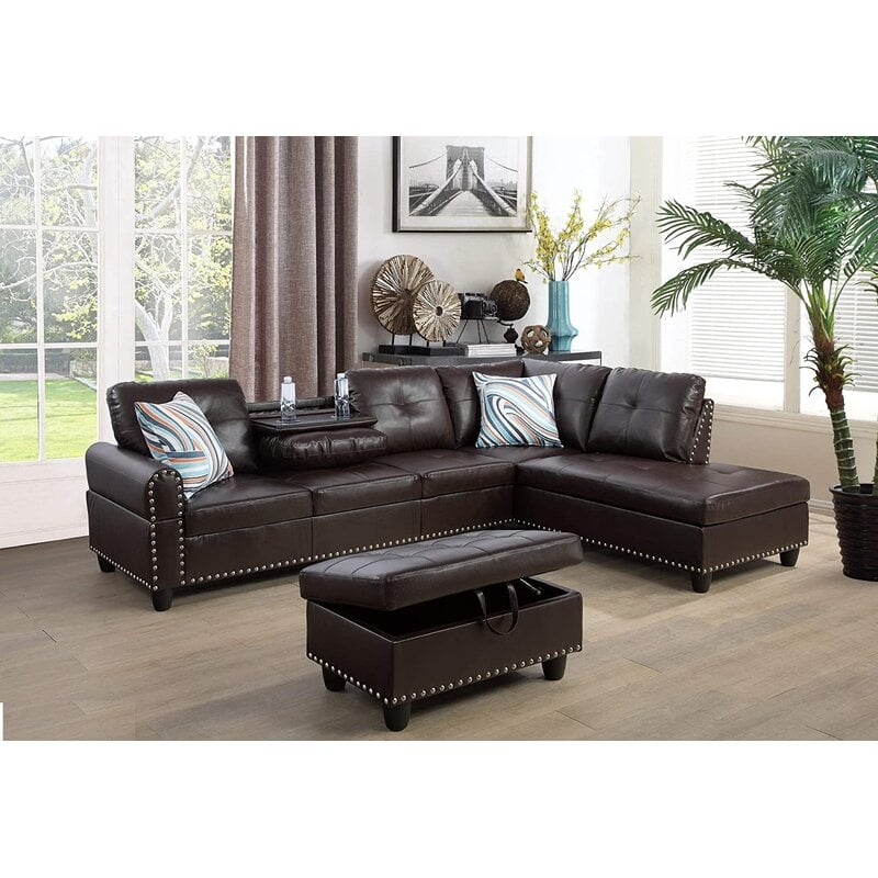 Brandow 97.2 Wide Faux Leather Sofa & Chaise with Ottoman