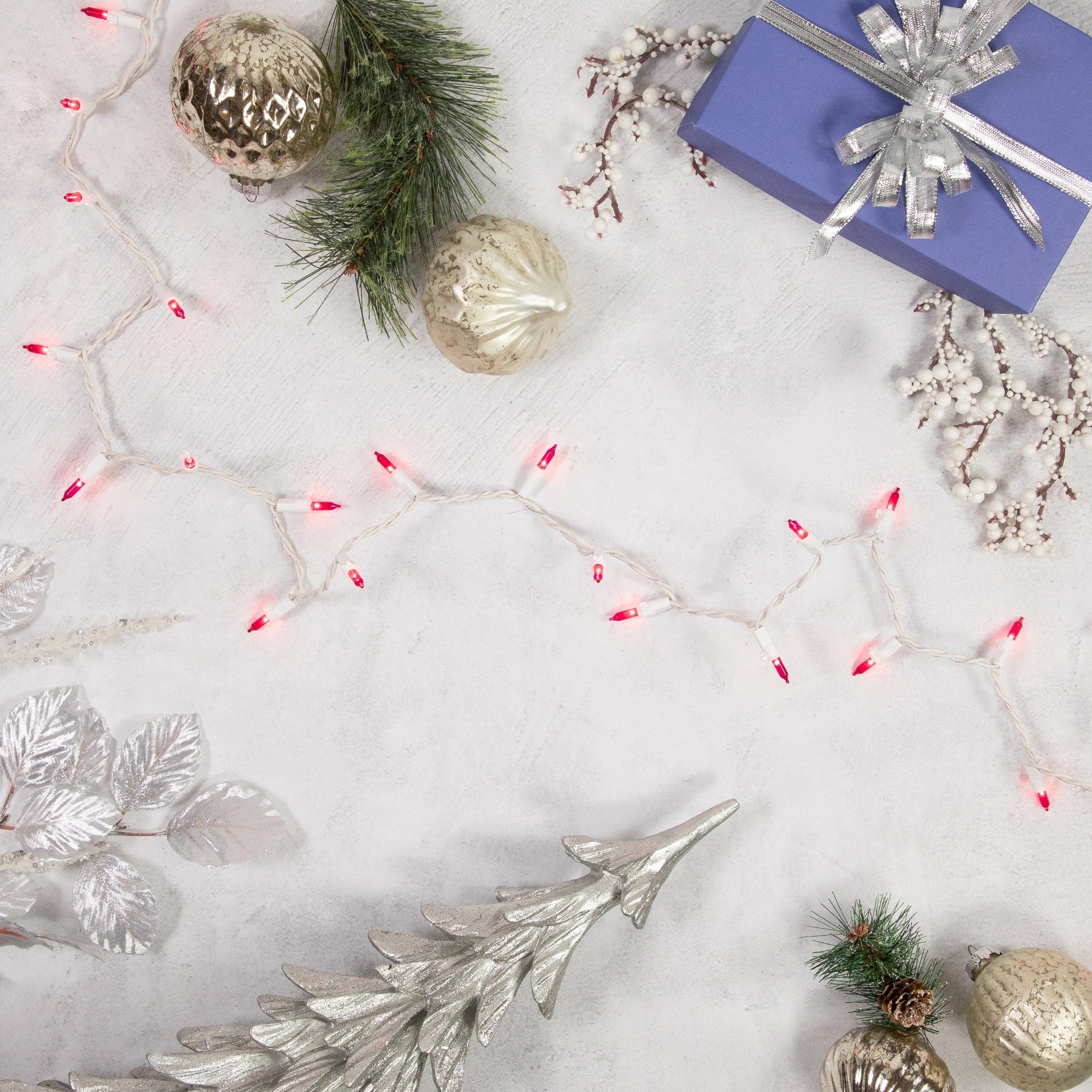 50-Count Pink Mini Christmas Light Set, 10 ft White Wire