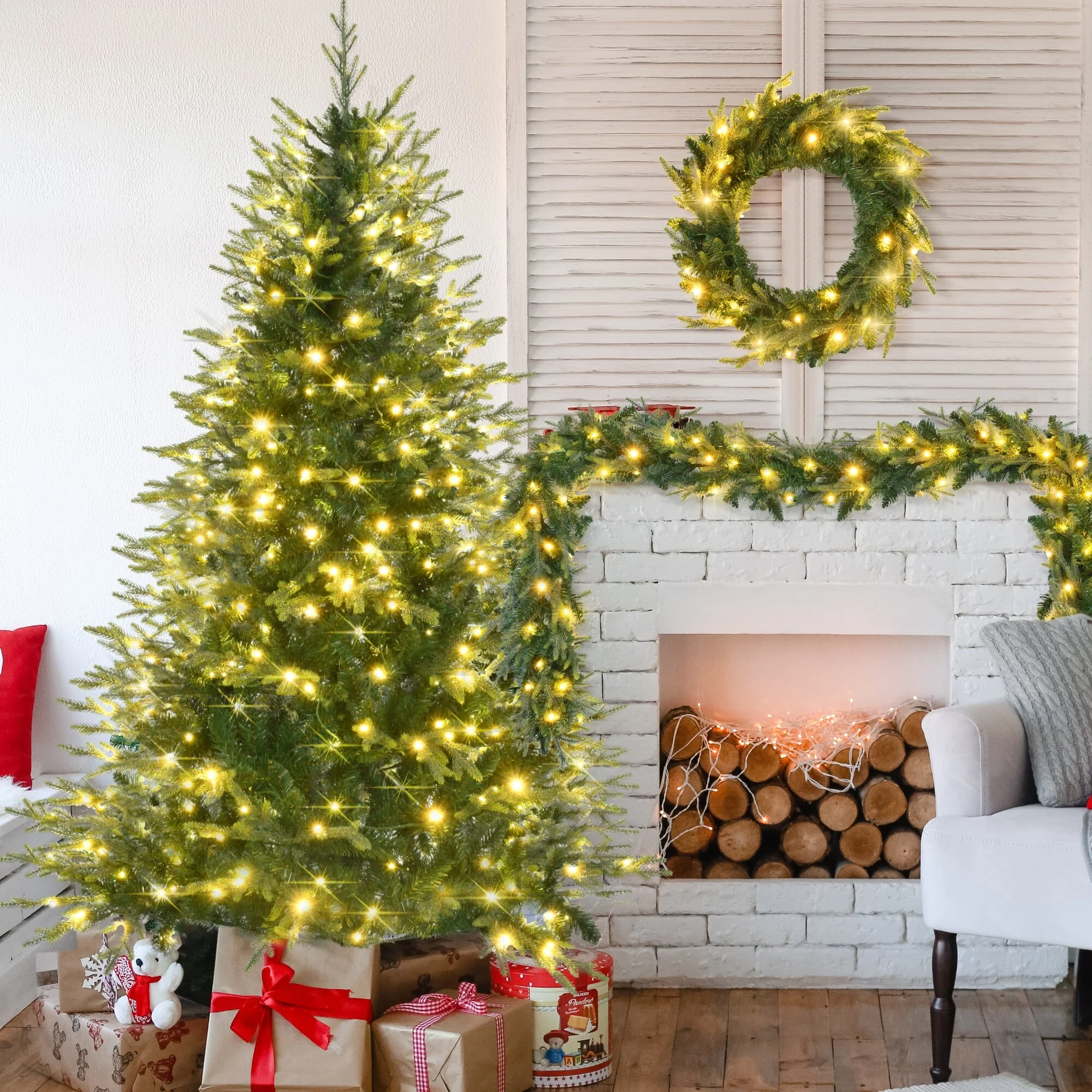 6FT Pre-Lit Artificial Christmas Tree with Wreath & Garland,380 Multi-Color LED Lights,11 Lighting Modes, 861 PE Branch Tips