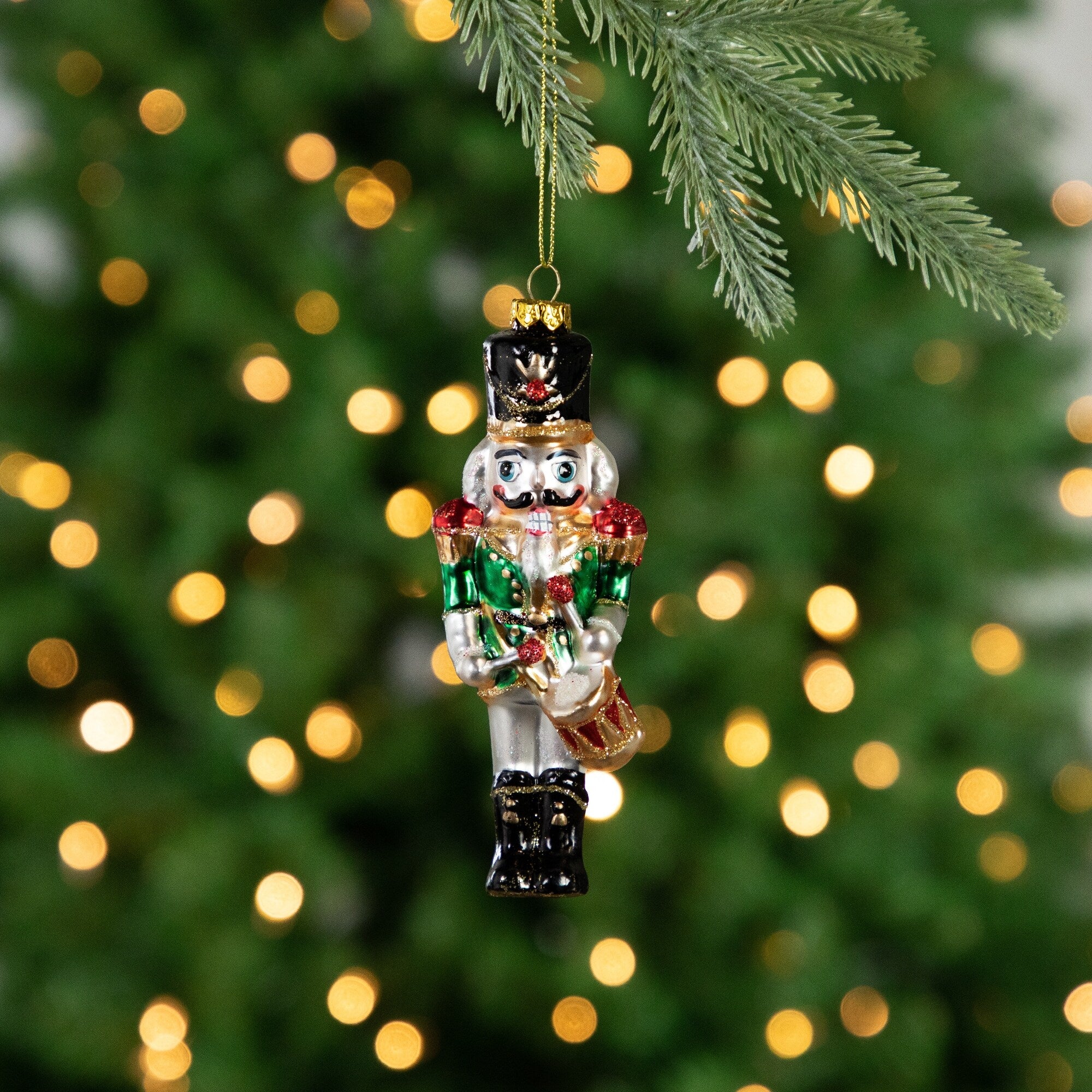 5.25-Inch Green Red Gold Nutcracker With Drum Glass Christmas Ornament