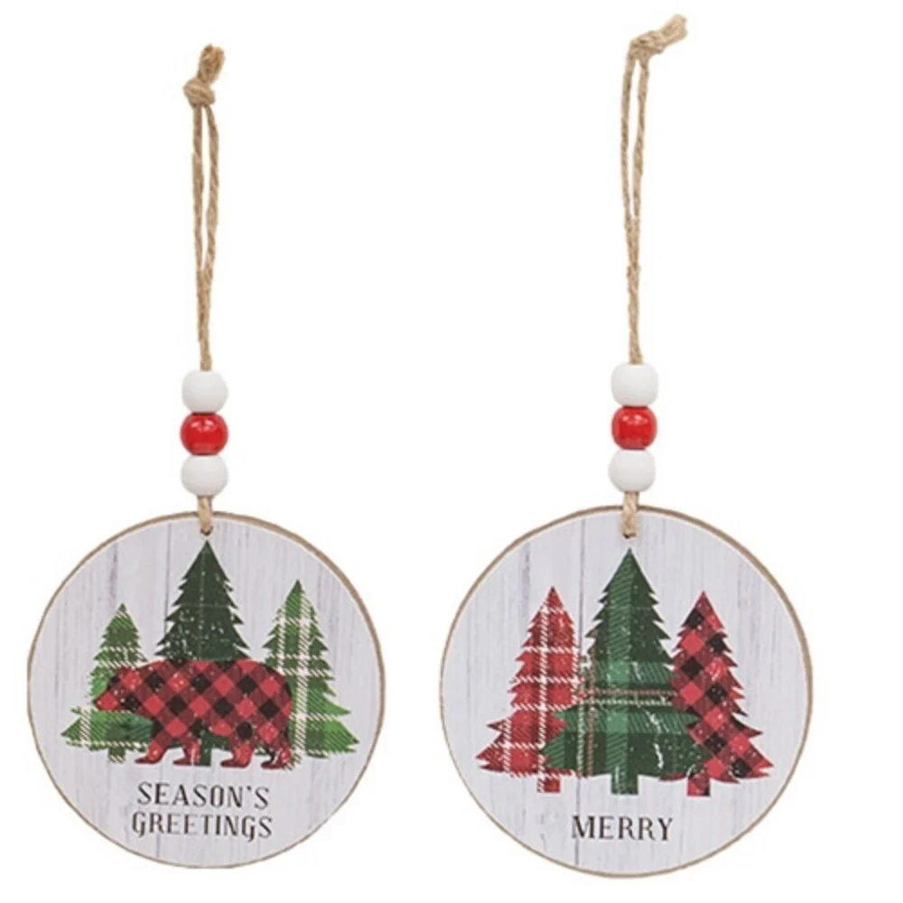 Rustic Woodland Round Christmas Ornaments Plaid Trees and Bear Designs with Jute Hanger 2 Asstd. - 3