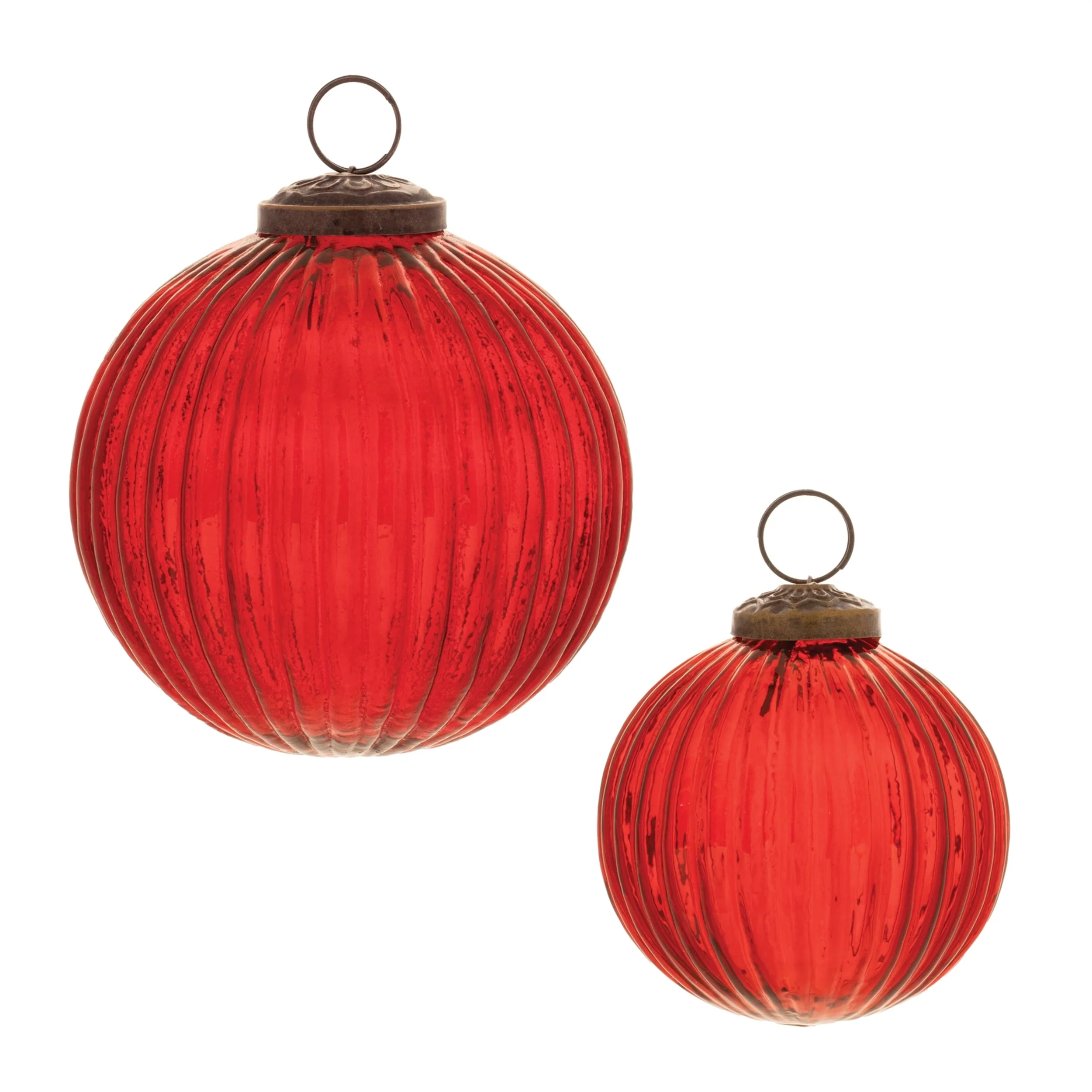 Red Glass Ribbed Ball Ornaments with Brass Caps Set of 12 Holiday Decor - 4” x 4” x 4” (L x W x H)