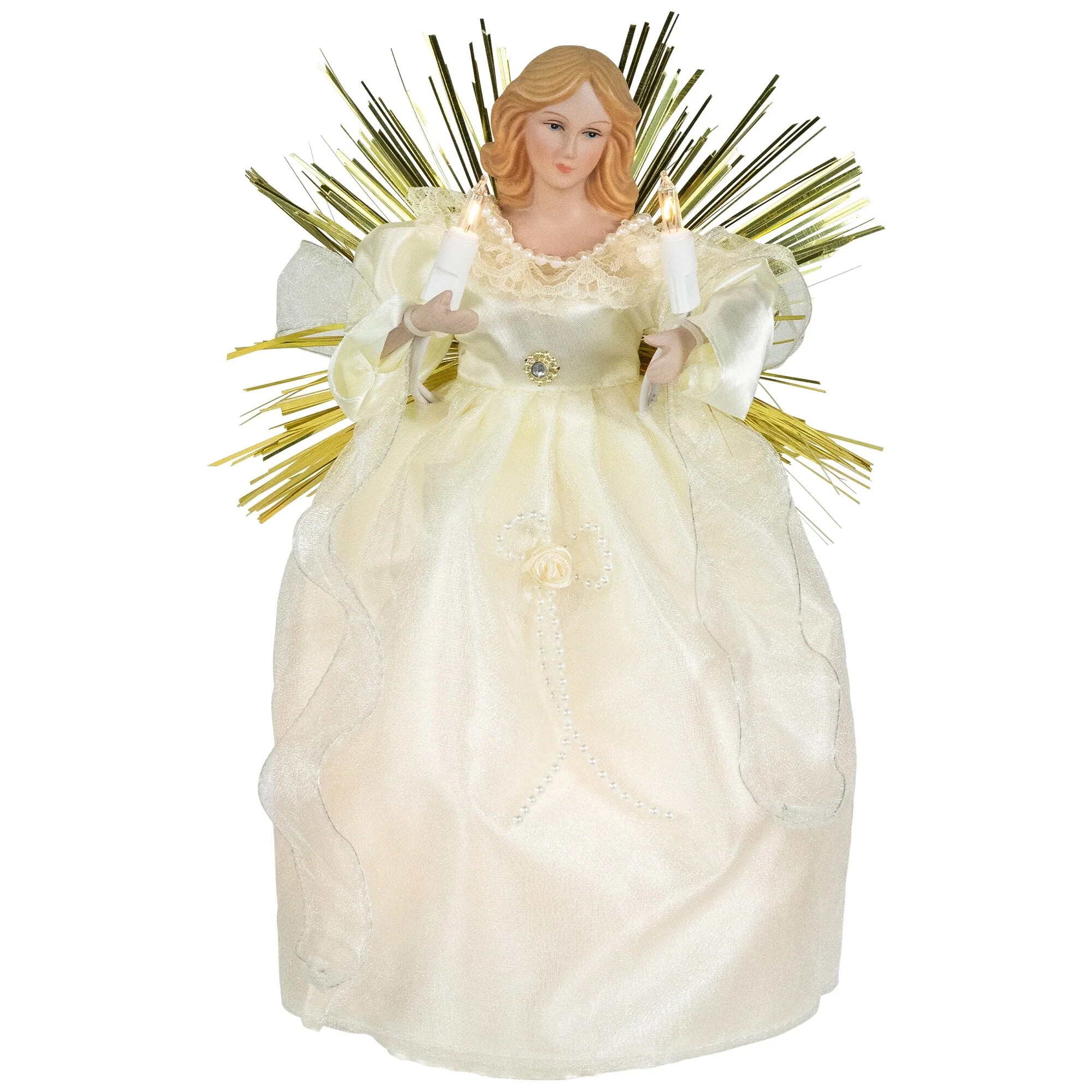 Angel with Candle Lighted Christmas Tree Topper - 10.5” - Gold - Clear Lights
